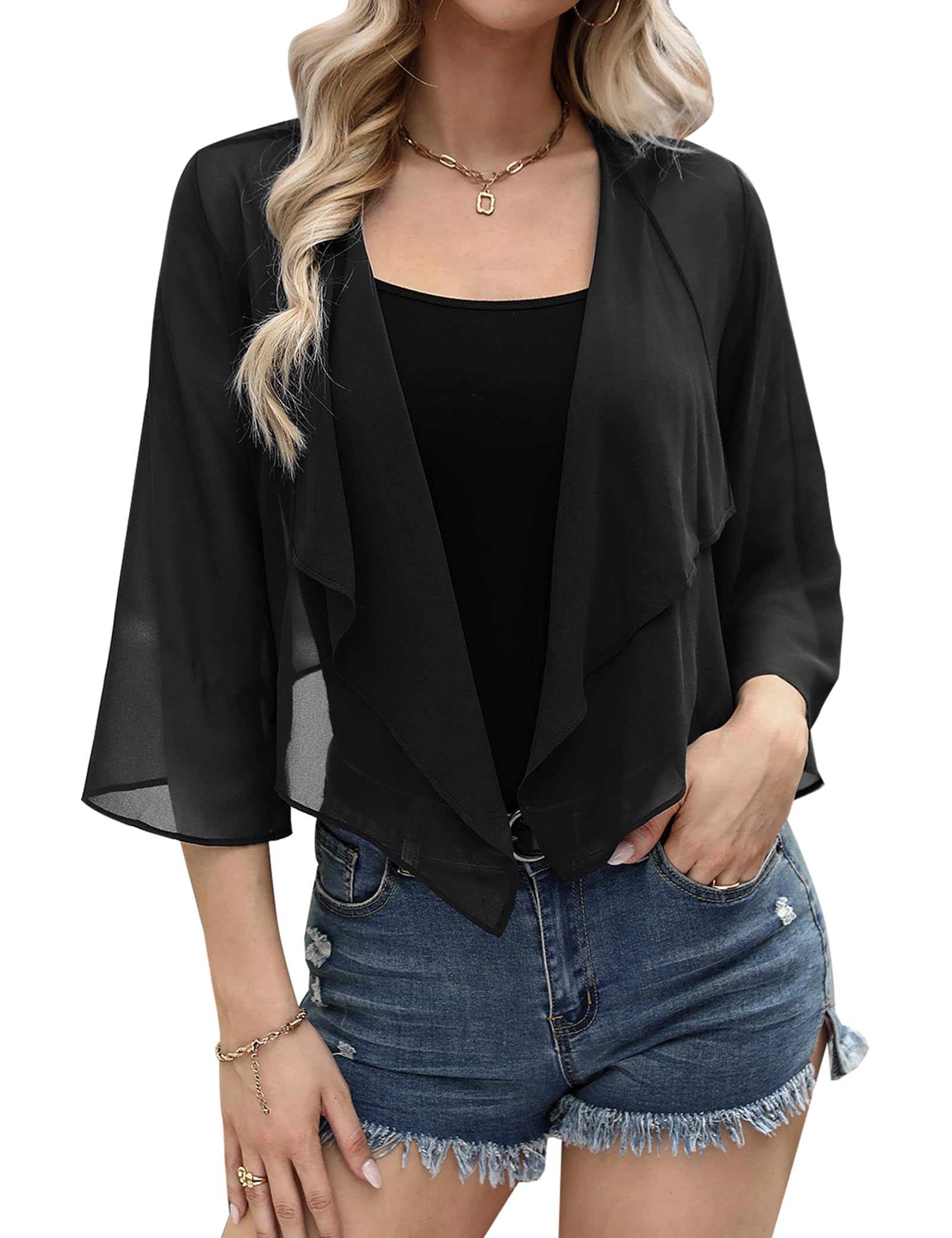 Aottori Coprispalle Donna Elegante Bolero Chiffon Maniche 3/4 Cardigan Corto Estivo Shrug Trasparente Leggero Casual per Matrimonio Cerimonia Festiva