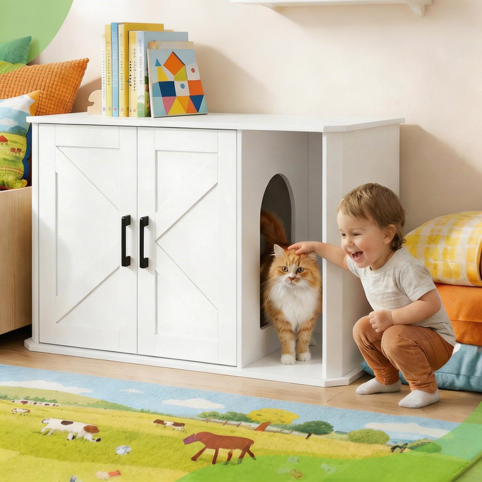 Garvee Caja de arena para gatos, 85 x 49 x 50 cm, mueble oculto con puertas dobles y entrada lateral, estilo granja, control de olores, mesa auxiliar para pasillo, dormitorio, color blanco