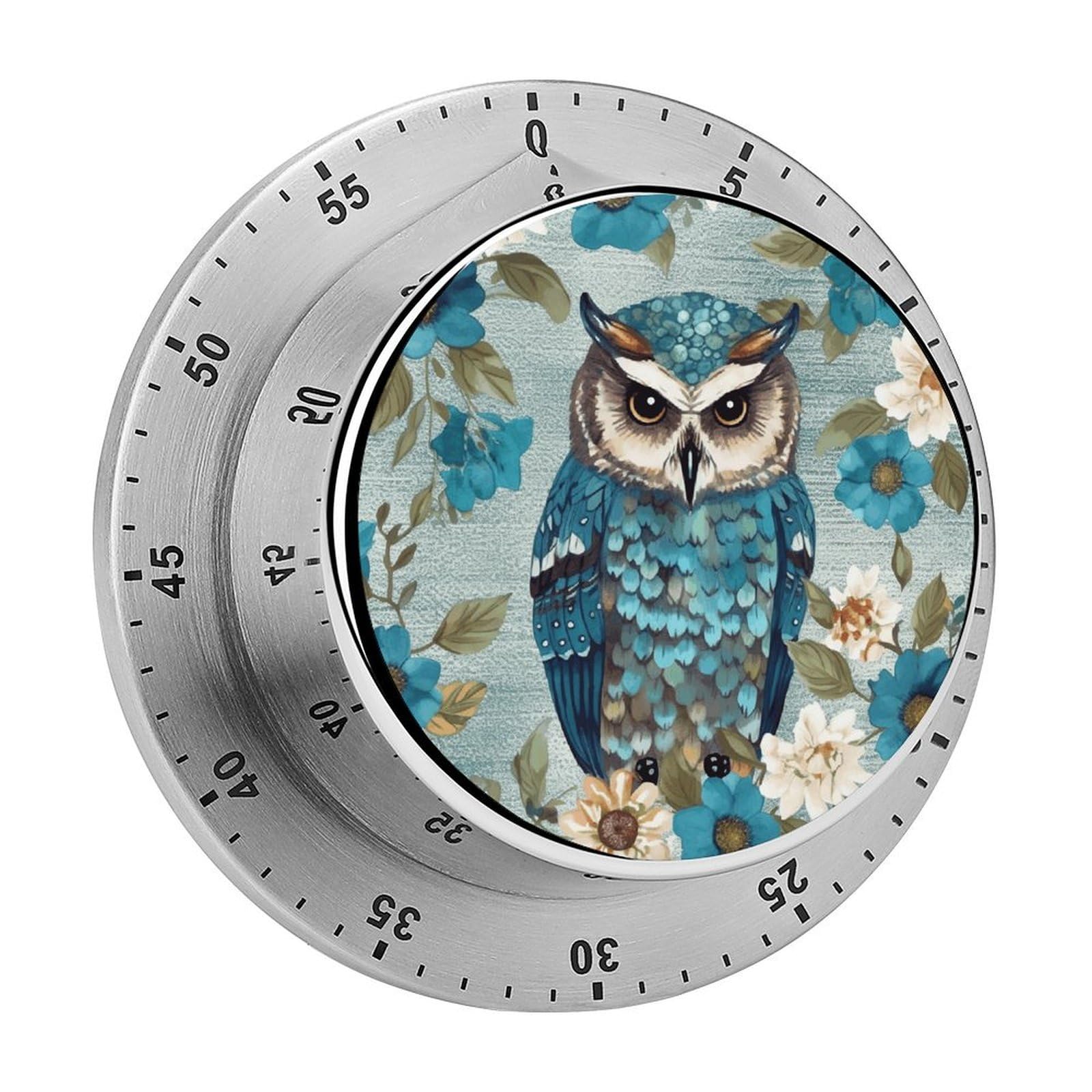 Owl Spring Flowers Turquoise Kitchen Timer Chef Cooking Timers Clock with Loud Alarm Exquisite Stainless Steel Mechanical