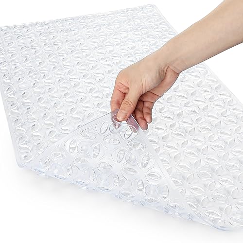 WELTRXE Tapete de ducha antideslizante con ventosas, orificios de drenaje, tapete transparente para bañera, lavable a máquina, 27.5 x 16 pulgadas,