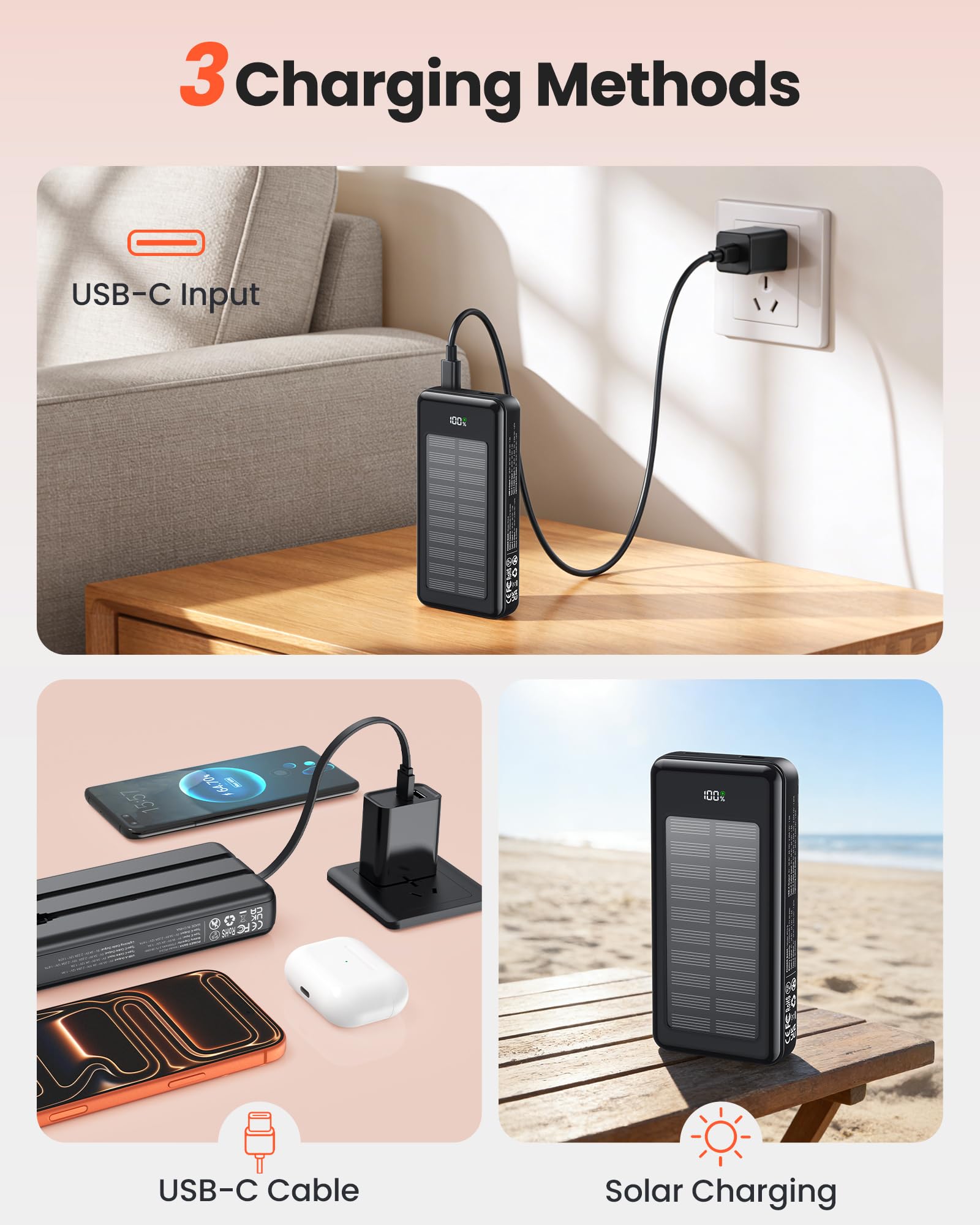 Solar Powerbank 27000mAh, Power Bank mit 2 Kabeln, 22,5W Schnelllade Powerbank Tragbares Ladegerät geeignet für Smartphones