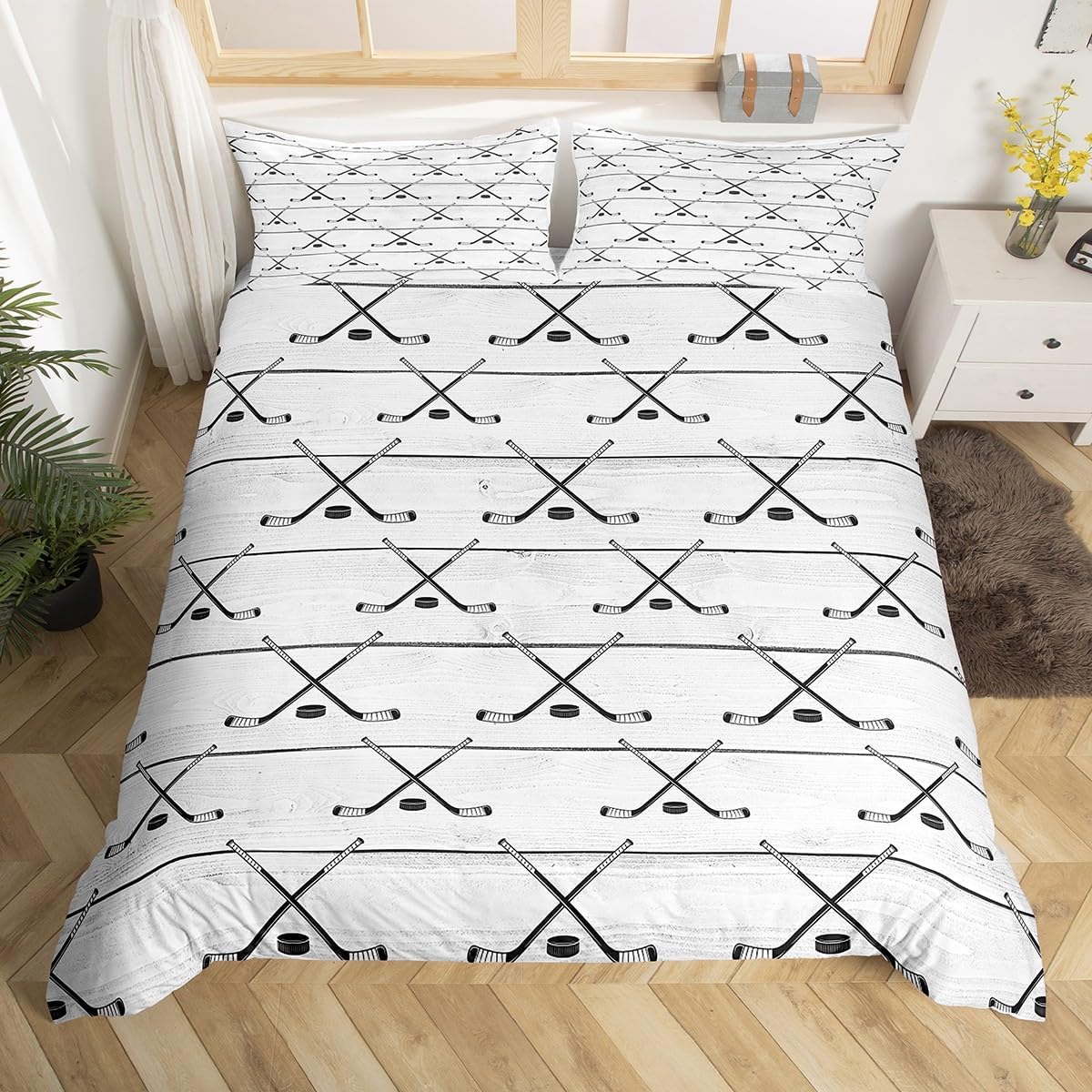Manfei Hockey Duvet Cover Set Twin Size, Sports Gaming Theme Bedding Set for Kids Boys Girls Room Decor, Grey Wooden Plank Comforter Cover, Soft Polyester Quilt Cover,1 Pillowcase,No Comforter