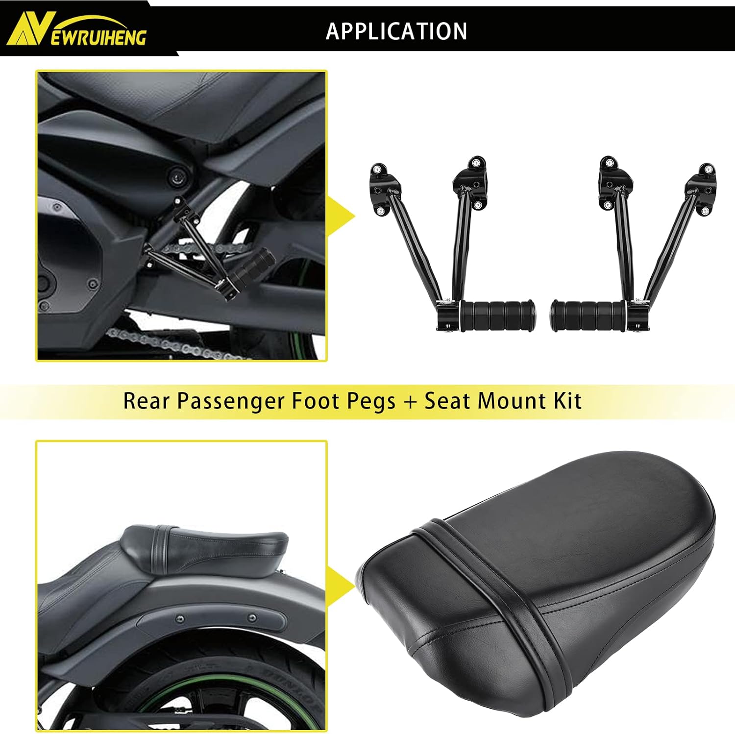Black Synthetic Leather Rear Passenger Seat and Heavy Alloy Steel Foot Pegs Kit Compatible with Kawasaki Vulcan S 650 VN650 2015-2025