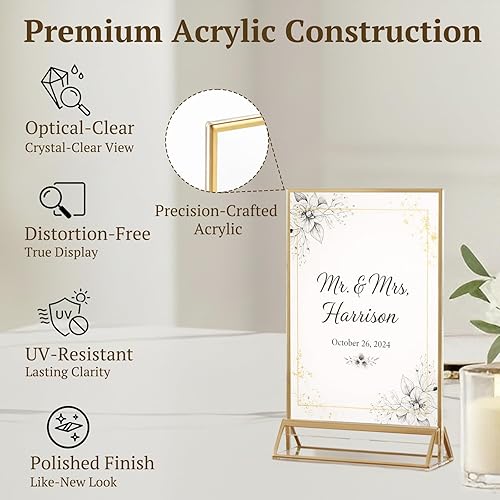 Miniatura 3 de EHWINE Paquete de 12 Portaletreros de Acrílico de 4 x 6 pulgadas, Marco de Fotos Dorado de Doble Cara con Soporte de Mesa, Portaletreros