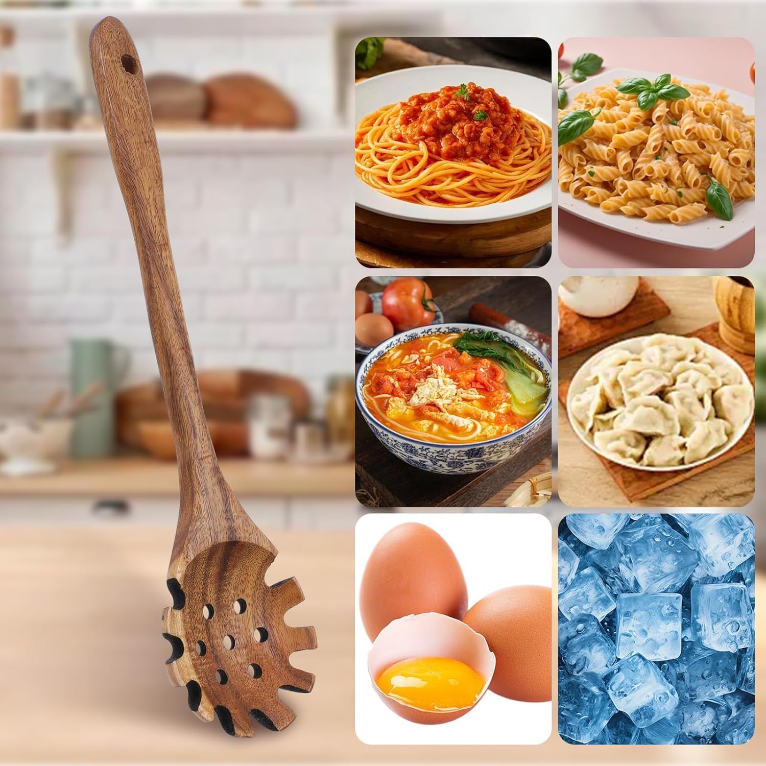 Wooden Pasta Fork with Round Holes and Serrations, 1 Piece, Suitable for Scooping Pasta, Ideal for Home Italian Cooking, Western Light Meals and Sauce Tossing