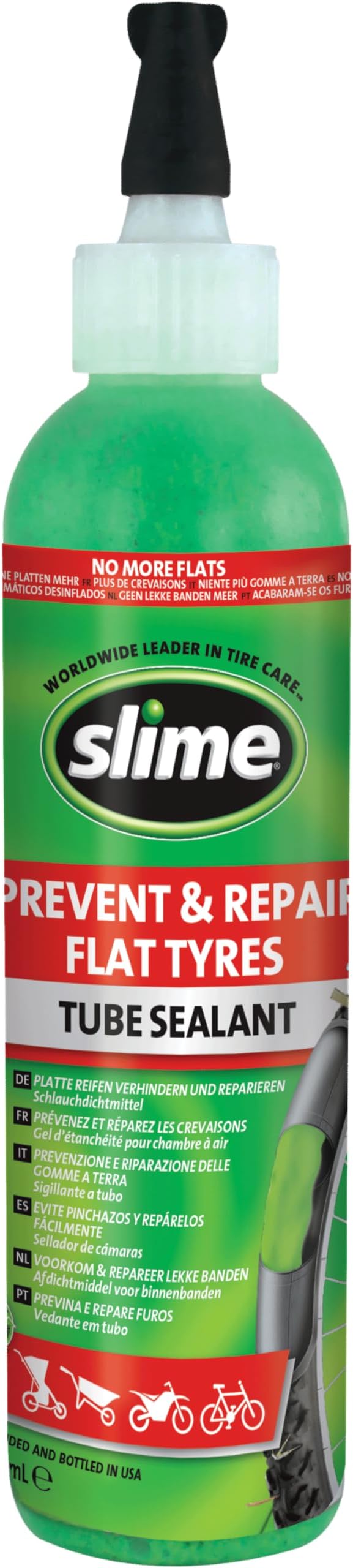 Slime 10015 Bike Tube Puncture Repair Sealant, Prevent and Repair, suitable for all Bicycles, with hang tab, Non-Toxic, Eco-Friendly, 237 mL (8oz) bottle