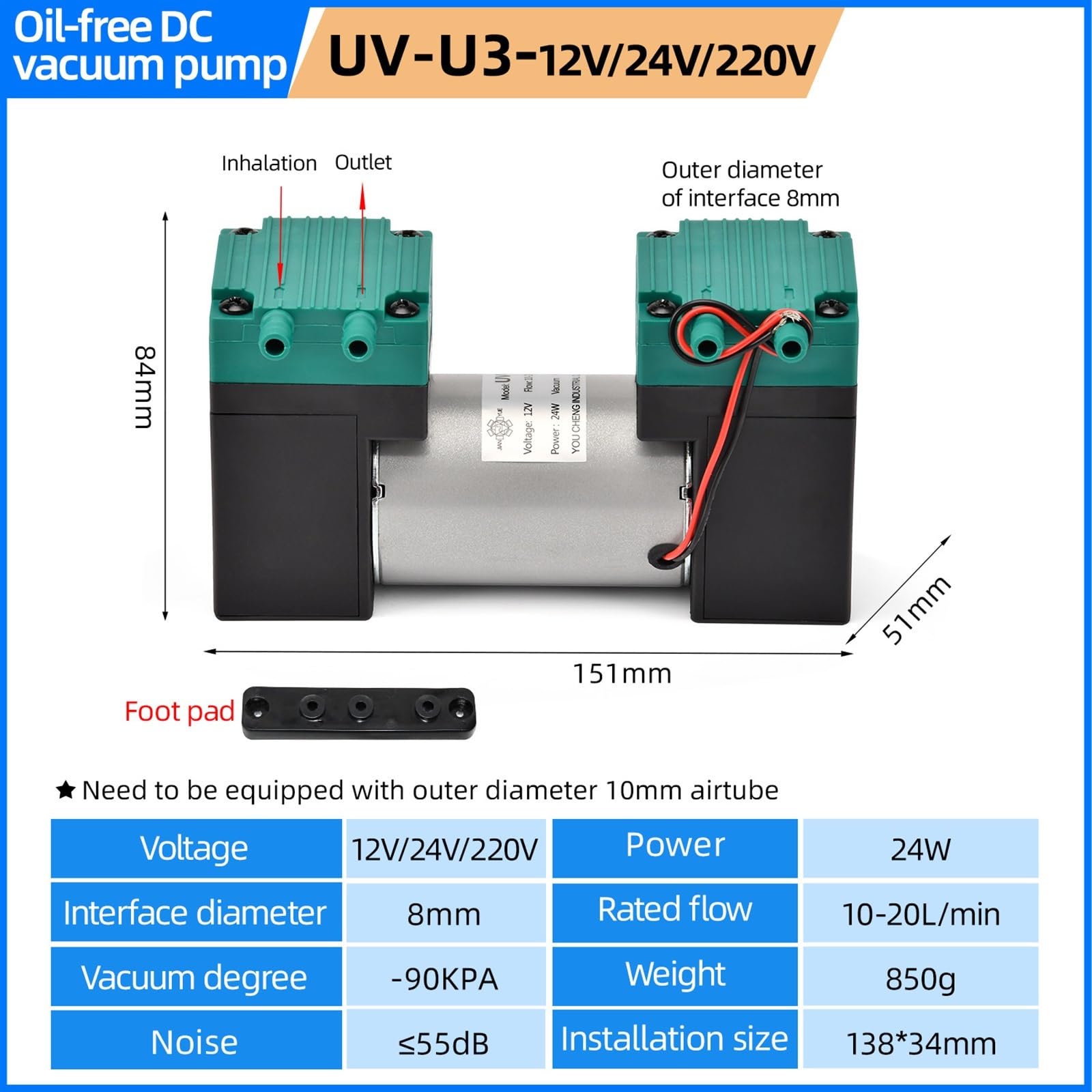 Bomba de succión de Aire de diafragma pequeña DC12V/24V, Alta presión Negativa for inflador de Laboratorio DIY