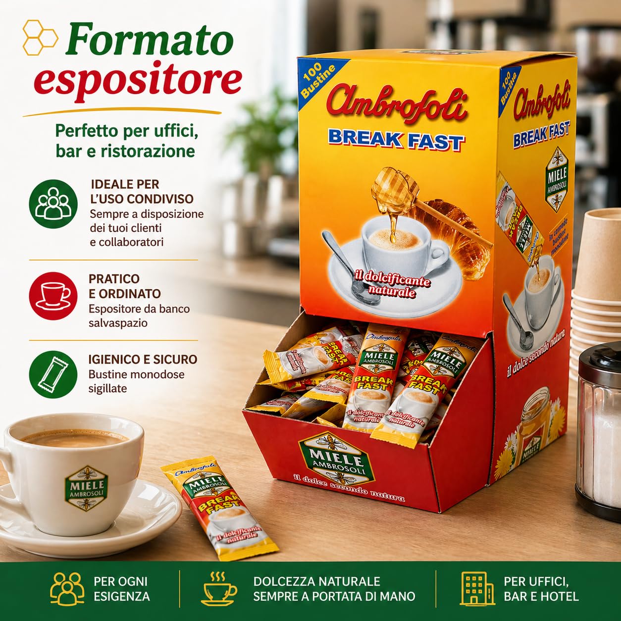 Ambrosoli Break Fast Miele in Bustine Monodose 100 x 16g (1,6 kg) – Dolcificante Naturale per Caffè, Tè e Colazione – Formato Espositore