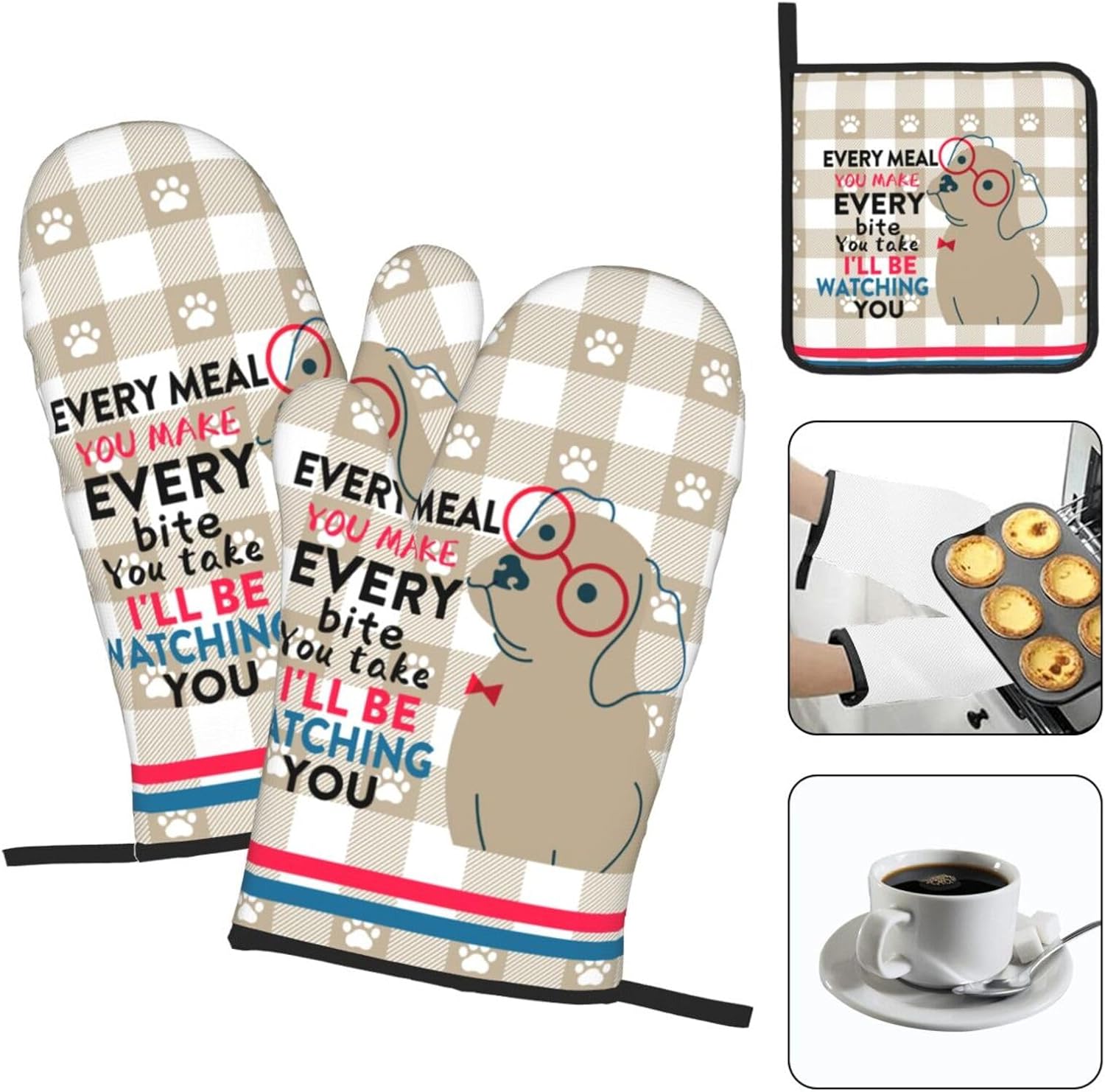 Funny Dog Oven Mitts and Pot Holders Sets of 3 Heat Resistant Hot Pads Cute Oven Gloves for Cooking Grilling Baking Kitchen Decor, Kitchen Gifts for Cooks Baker Cooking Lover Women - Image 3