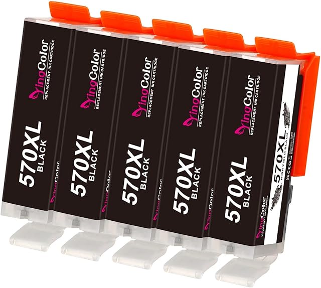 YINGCOLOR PGI-570 XL CLI-571XL Ink Cartridges for Canon PGI 570XL 571XL 570 571 PGBK for Canon Pixma MG5750 TS5051 TS5050 MG5751 MG5753 MG6850 MG6851 MG6852 TS5053 TS5055 TS6050 TS6051 TS6052, 5 Black