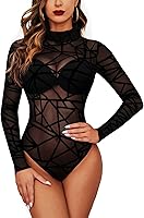 Avidlove Women's Long Sleeve Turtleneck Sheer Mesh Bodysuit Geo Print Leotard - Sexy Stretchy Clubwear