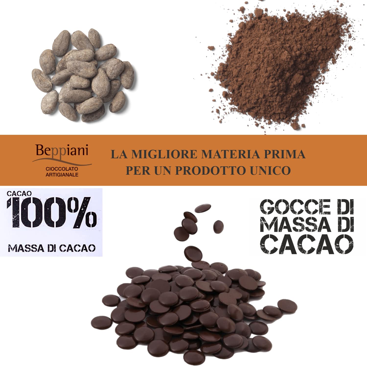 Beppiani 100% Massa di Cacao 1kg in bottoni, gocce, cioccolato artigianale fondente 100 per cento vegano senza zucchero, ricca di antiossidanti, per diete bilanciate - Made in Italy