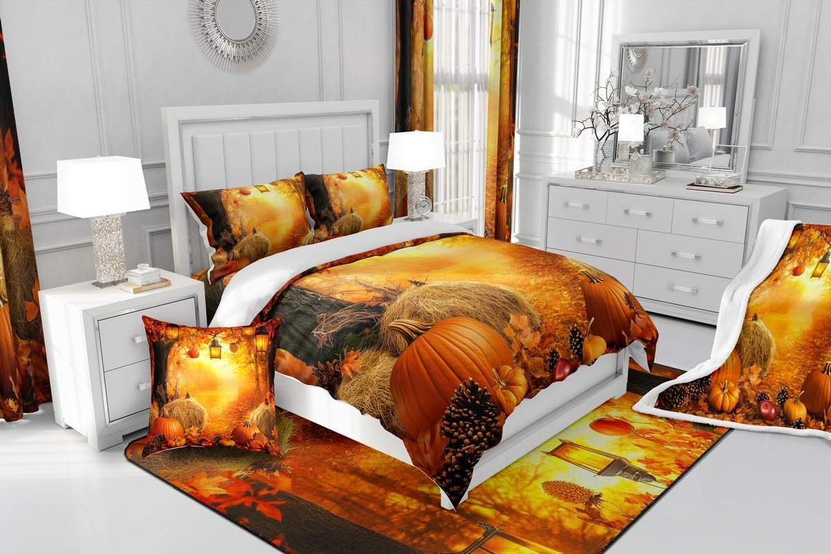 Autumn Harvest Pumpkin Duvet Cover Set Toddler Size,Fall Leaves Woodland Bedding Set Kids Boys Girls Room Decor,Pinecone Apple Comforter Cover 2Pcs,Happy Fall Y'all Bedspreads Cover,1 Pillowcase