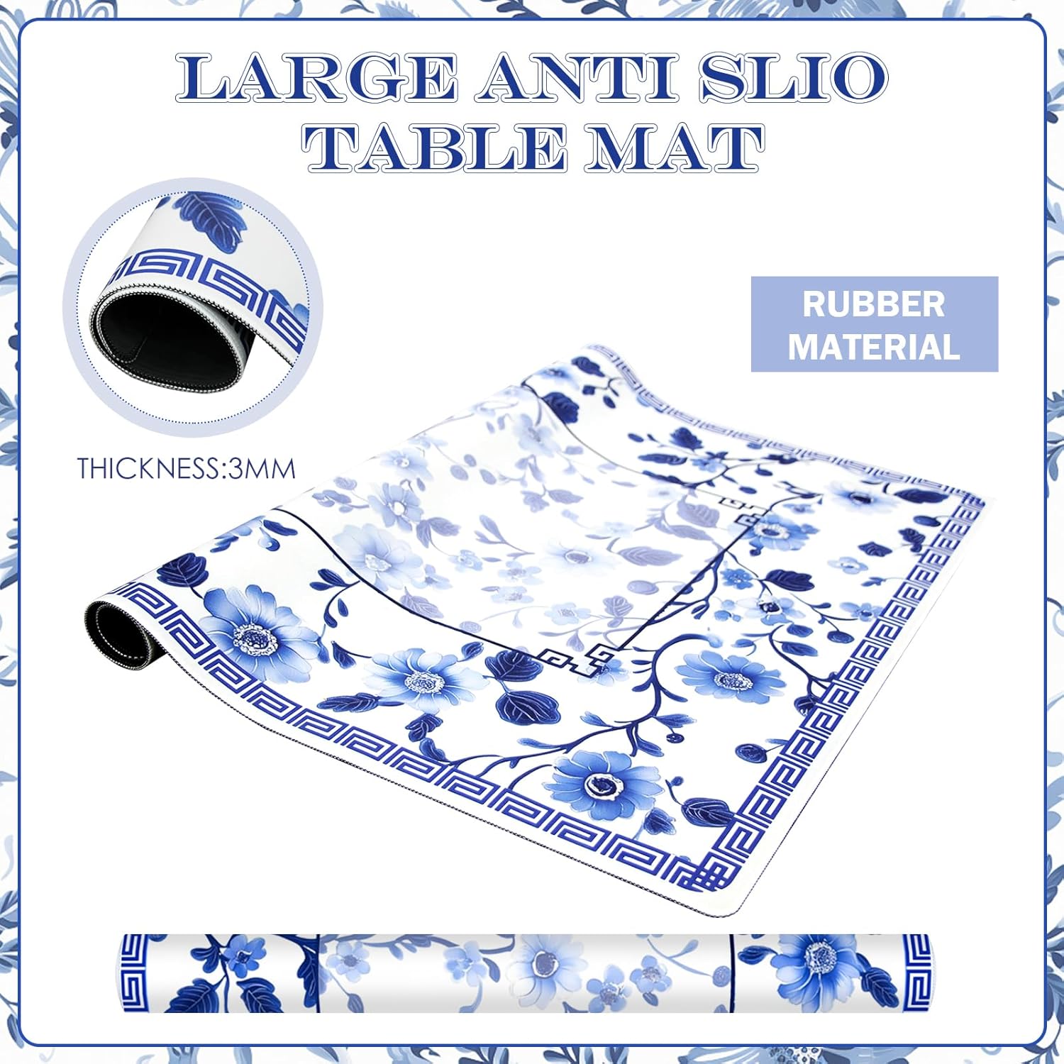 Mahjong Mat 31.5" x 31.5" – Blue Chinese Floral Design, Rubber Non-Slip Noise-Reducing Game Table Cover for Mahjong, Poker, Dominoes & Board Games (Blue)