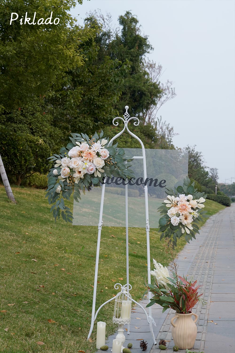 Piklado Faux Flower Swag Set of 2 for Wedding Welcome Signs Floral Decorations and Wedding Reception Ceremony Signs (Champagne & Cream)