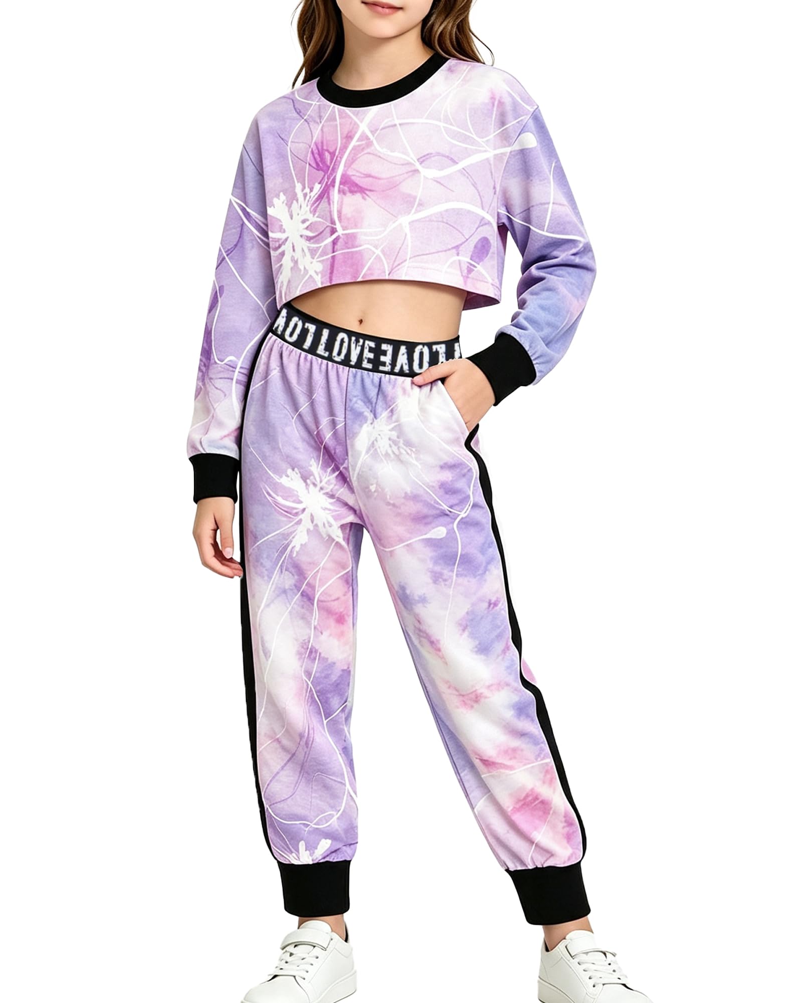 Betusline Girls Sweatsuit, Long Sleeve Crop Top Jogger Pants, 4T-14Y