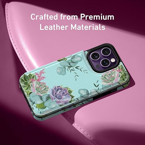 Miniatura 4 de LETO Funda para iPhone 15 Pro Max con tapa tipo folio de cuero, diseños de flores de moda, ranuras para tarjetas, función atril, funda protectora