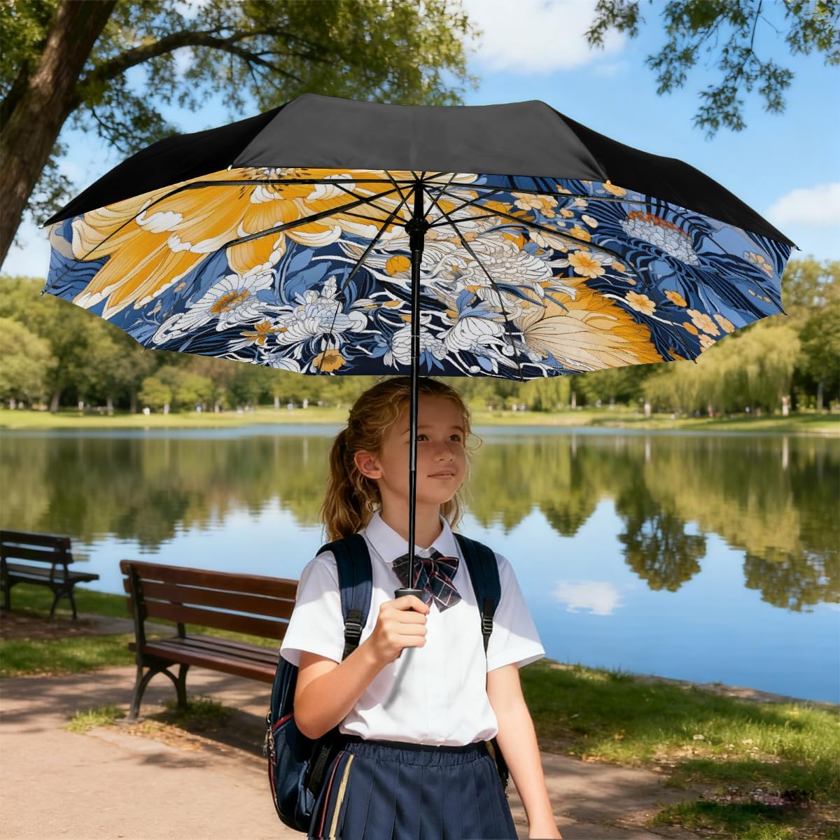 Vintage Peony Flower Folding Umbrella Windproof Compact Lightweight Travel Umbrella with 8 Reinforced Ribs, Portable UV Sun & Rain Protection for Men & Women