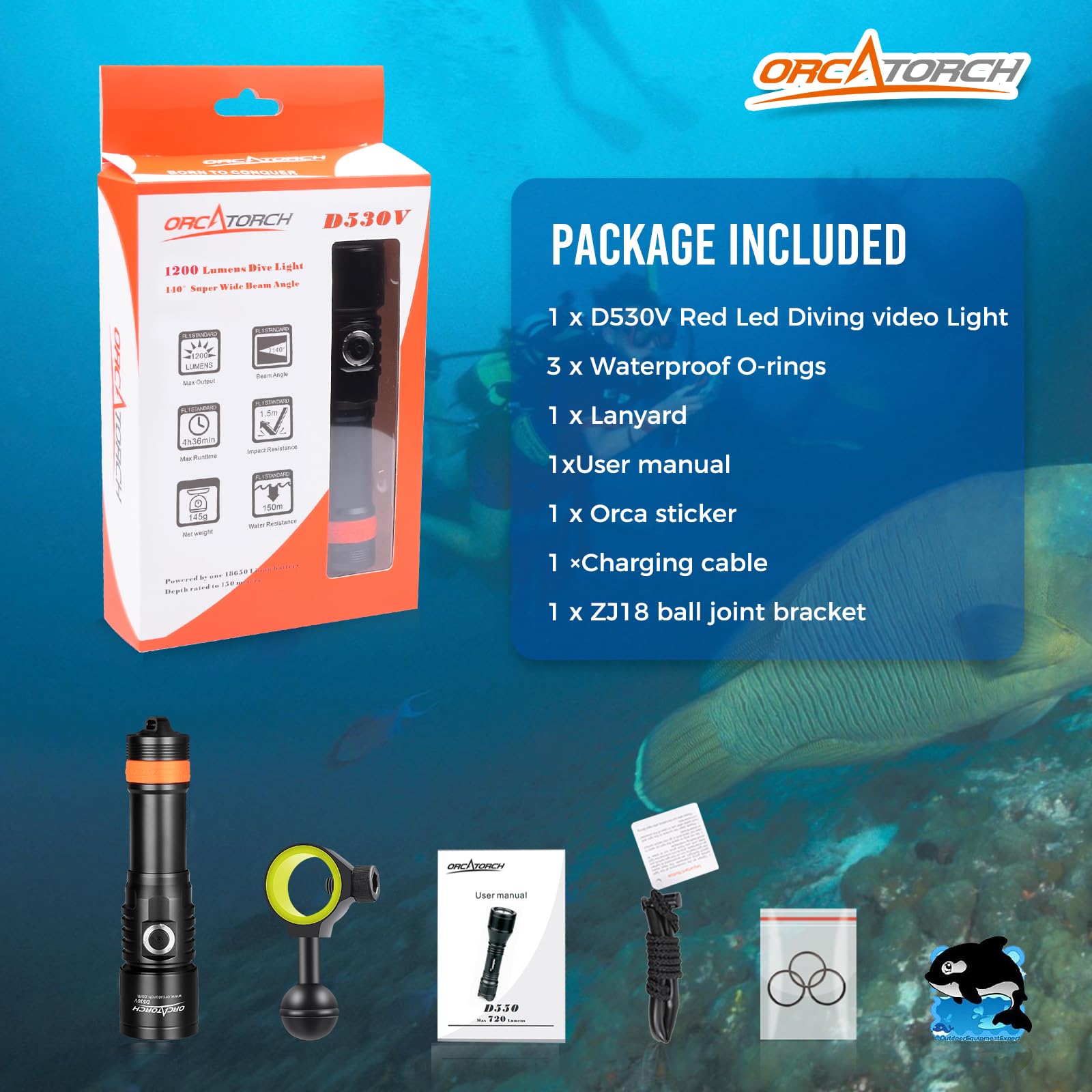ORCATORCH D530V - Luz LED roja de buceo de 160 lúmenes, luz de vídeo de buceo de 70 grados de ángulo de haz amplio, luz subacuática de 150 metros, luz de fotografía de buceo con función de bloqueo de