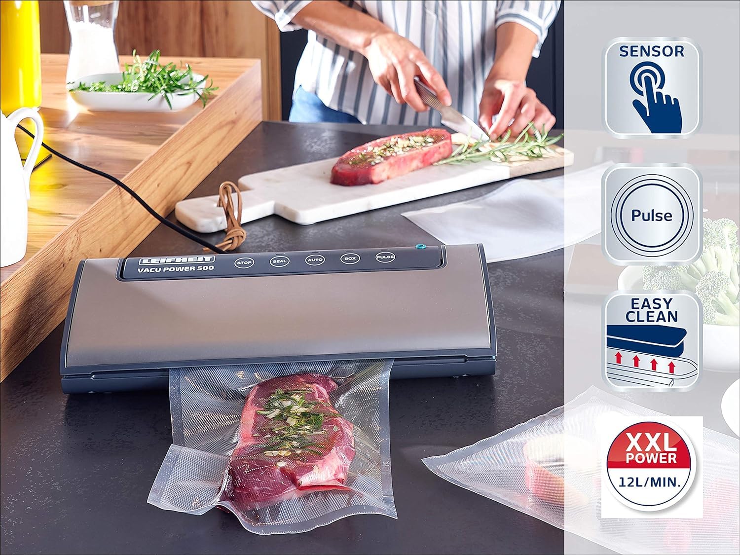 Leifheit Vakuumiergerät Vacu Power 500 Vakuumierer doppelte Schweißnaht Sous-Vide-Garen inkl. 10 Beutel 20x30cm