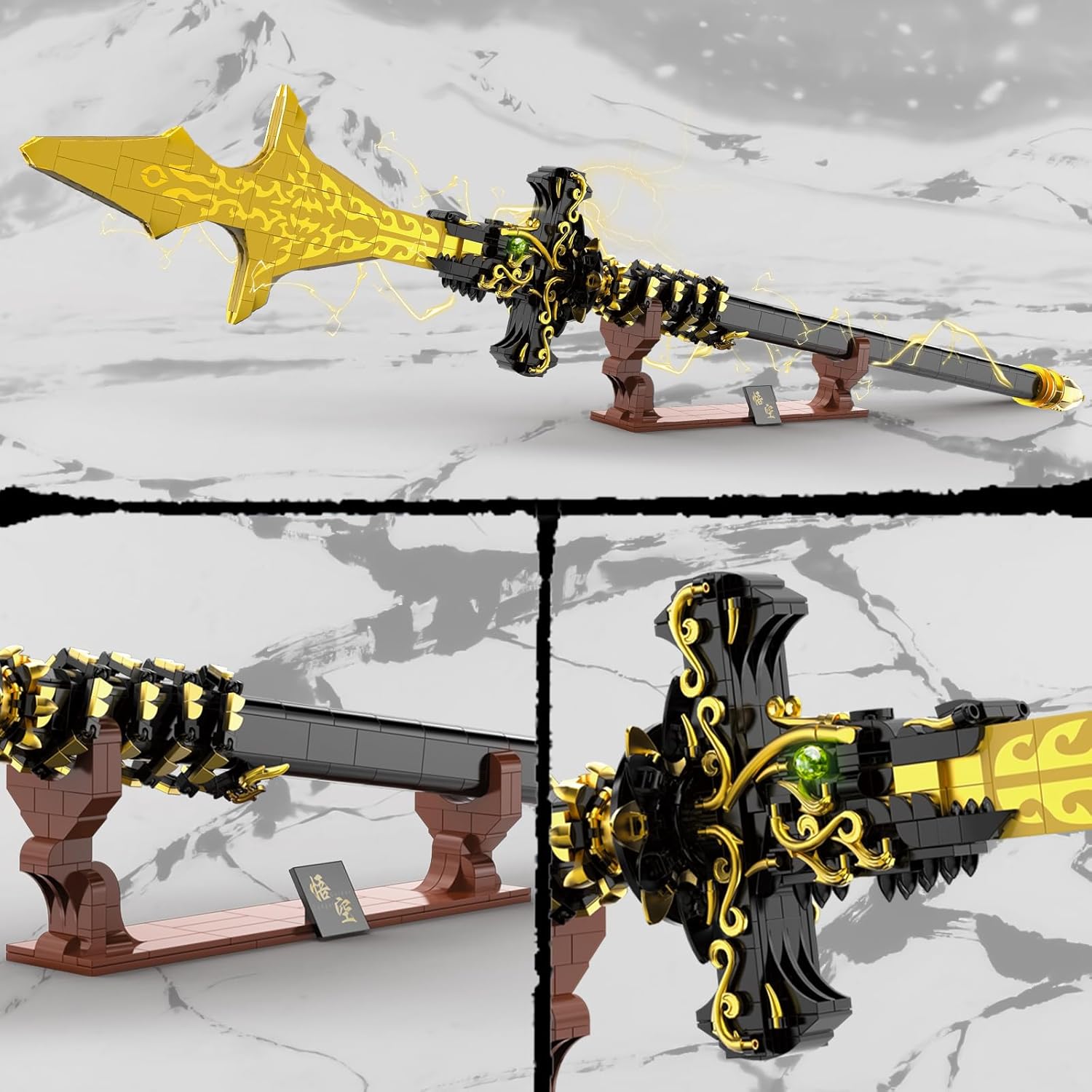 Assembled SATHIBI Demon Swords Long Sword on its display stand, showing intricate gold and black details.