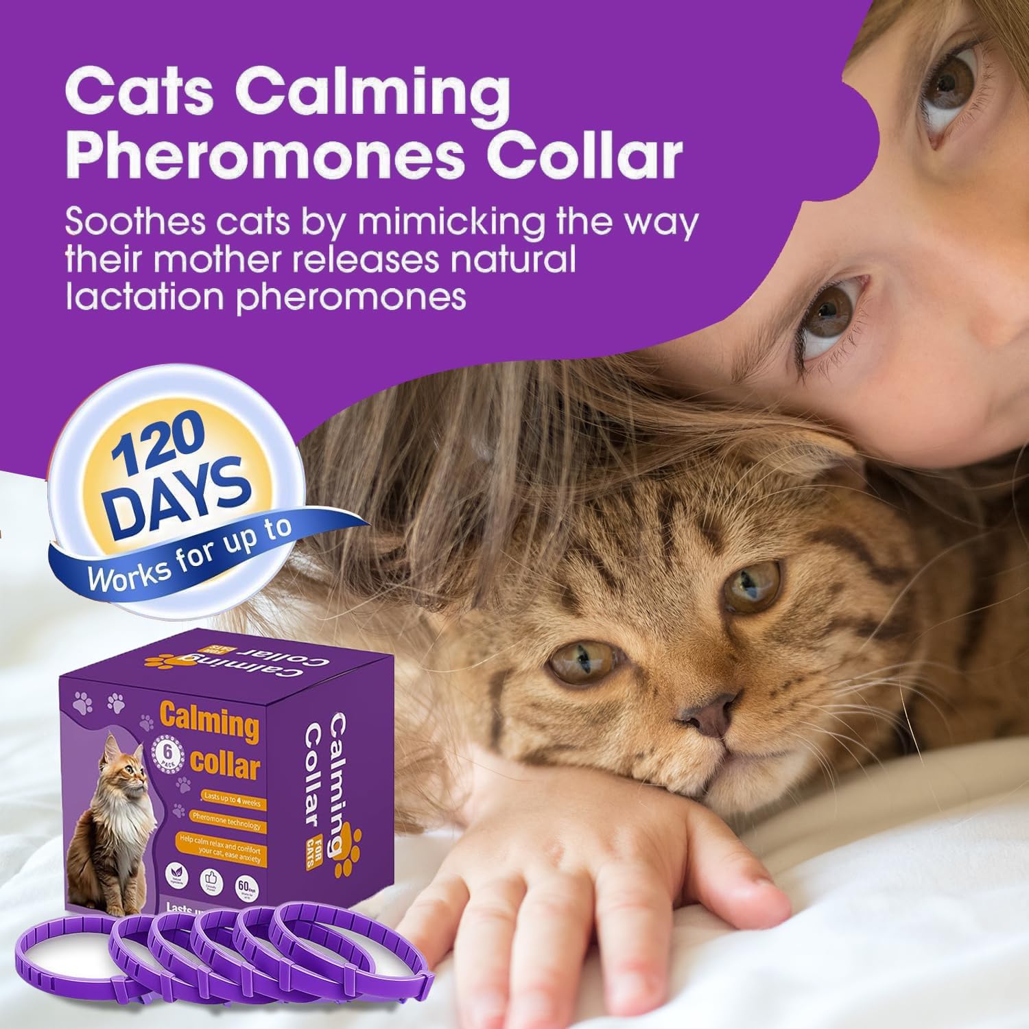 Cat Calming Collar, 6-Pack Pheromone Collars for Cats – Adjustable 15″, 60-Day Lasting Stress & Anxiety Relief, Helps Reduce Noise Fear, Scratching & Separation Anxiety（Pruple） - image 7