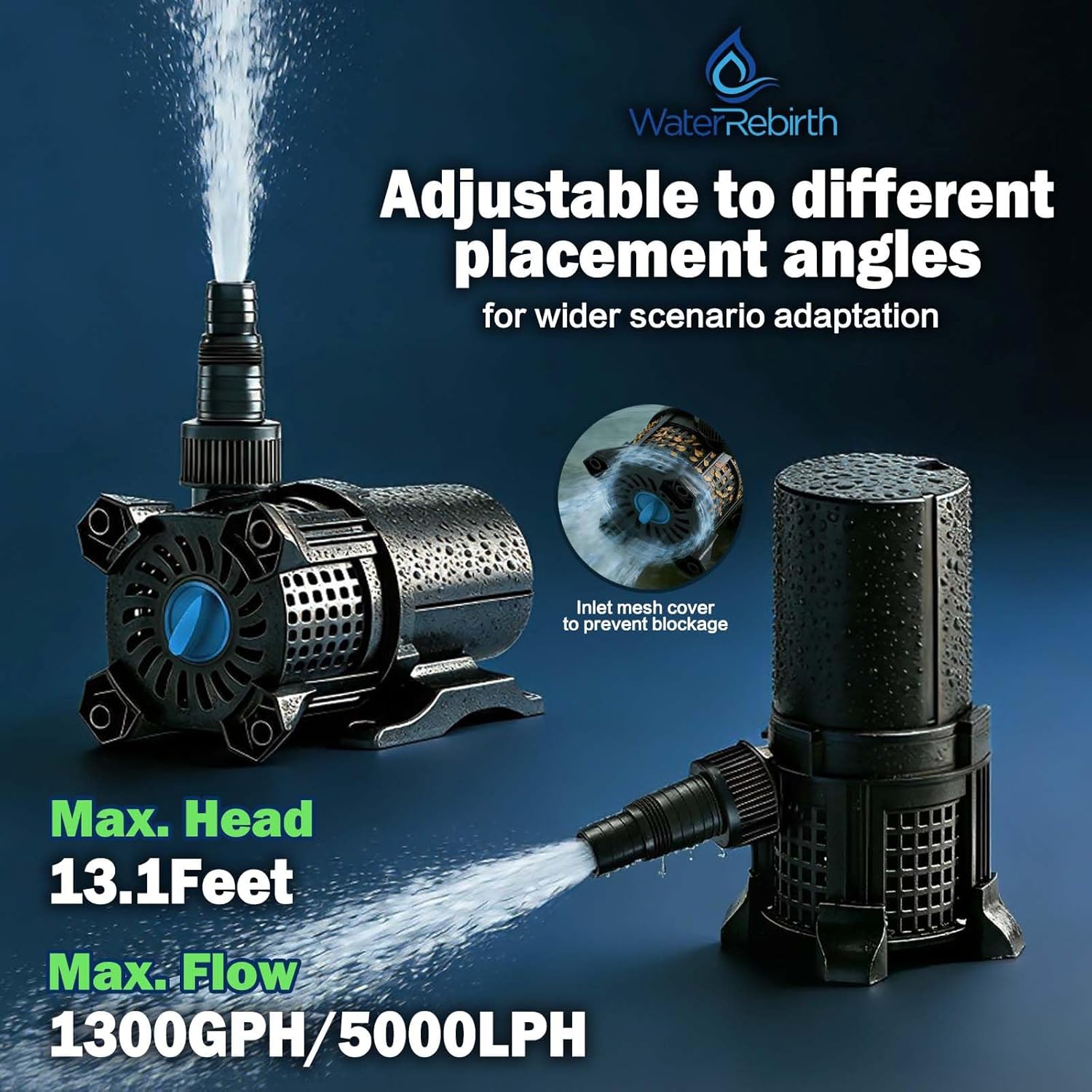 WaterRebirth PG Series 1300GPH Ultra Quiet Pond Pump, Adjustable Flow Control Energy Saving Submersible Pump with Filter for Garden Koi Pond & Waterfalls, Fountains and Hydroponics
