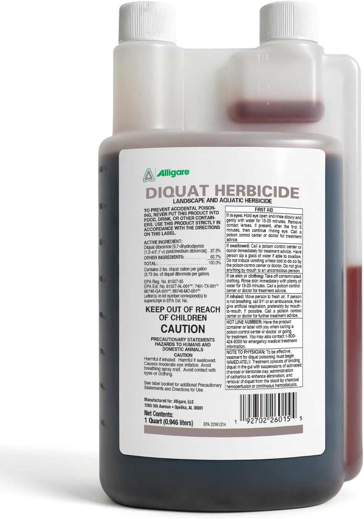 Alligare Diquat Aquatic Herbicide to Control Bluegrass, Duckweed, Hydrilla & More - Glyphosate Alternative, Fast-Acting Non-Selective Liquid Weed Killer for Aquatic & Landscape Use - 1 Quart