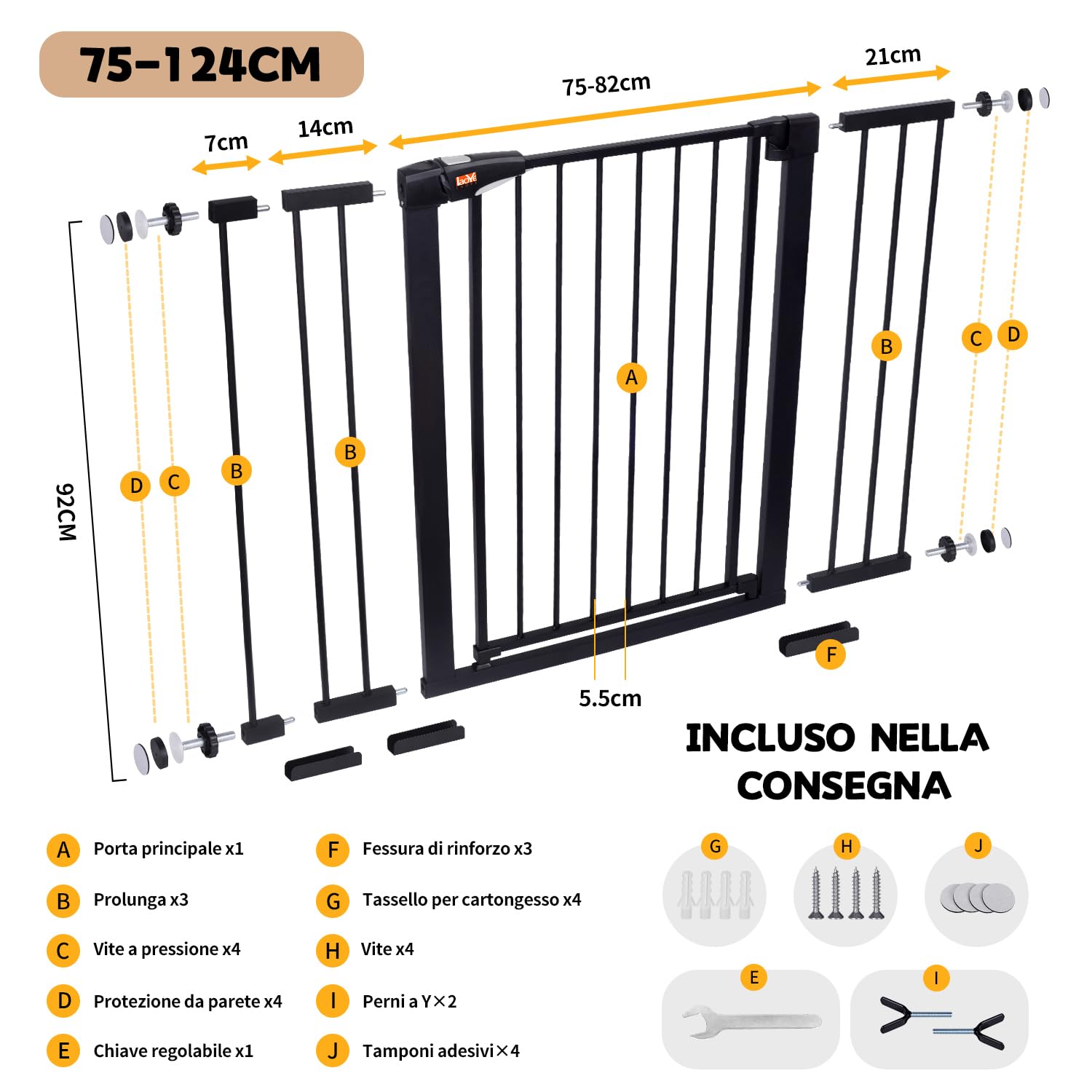 LAOYE cancelletto per bambini, Cancelletto per scale senza trapano, altezza extra alta 92 cm, larghezza 75-124 cm con 3 estensioni, per bambini, cani gatti, chiusura automatica arresto a 90°-Nero