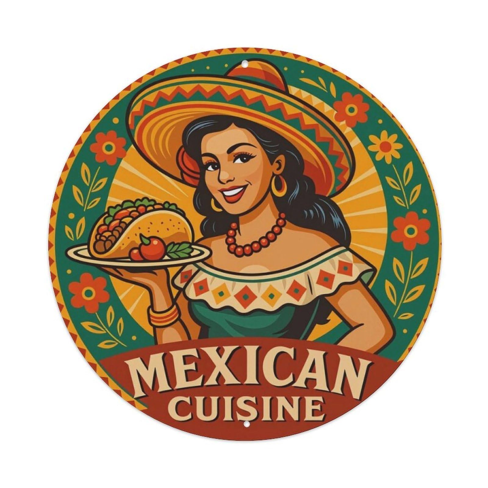 Mexican Cuisine Folk Style Round Decorative Sign Vintage Aluminium Metal Sign, Retro Wall Decor for Home, Bar, Garage & Farmhouse 20x20cm