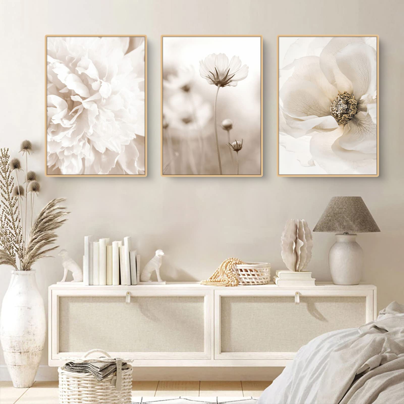 Sarah Duke Juego de 3 pósteres beige modernos murales bohemios de hierba de las Pampas, póster vintage en lienzo, pósteres de pared para salón, imágenes sin marco (50 x 70 cm)
