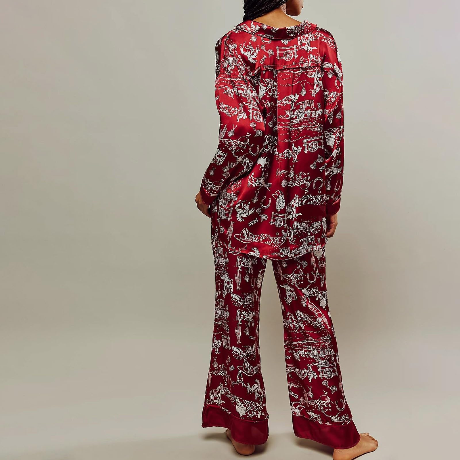 Generisch Pijama de seda de satén para mujer, conjunto largo con botones, conjunto de pijama de moda, ropa de dormir ligera y delgada, ropa para el hogar, ropa de dormir de moda, estampado floral