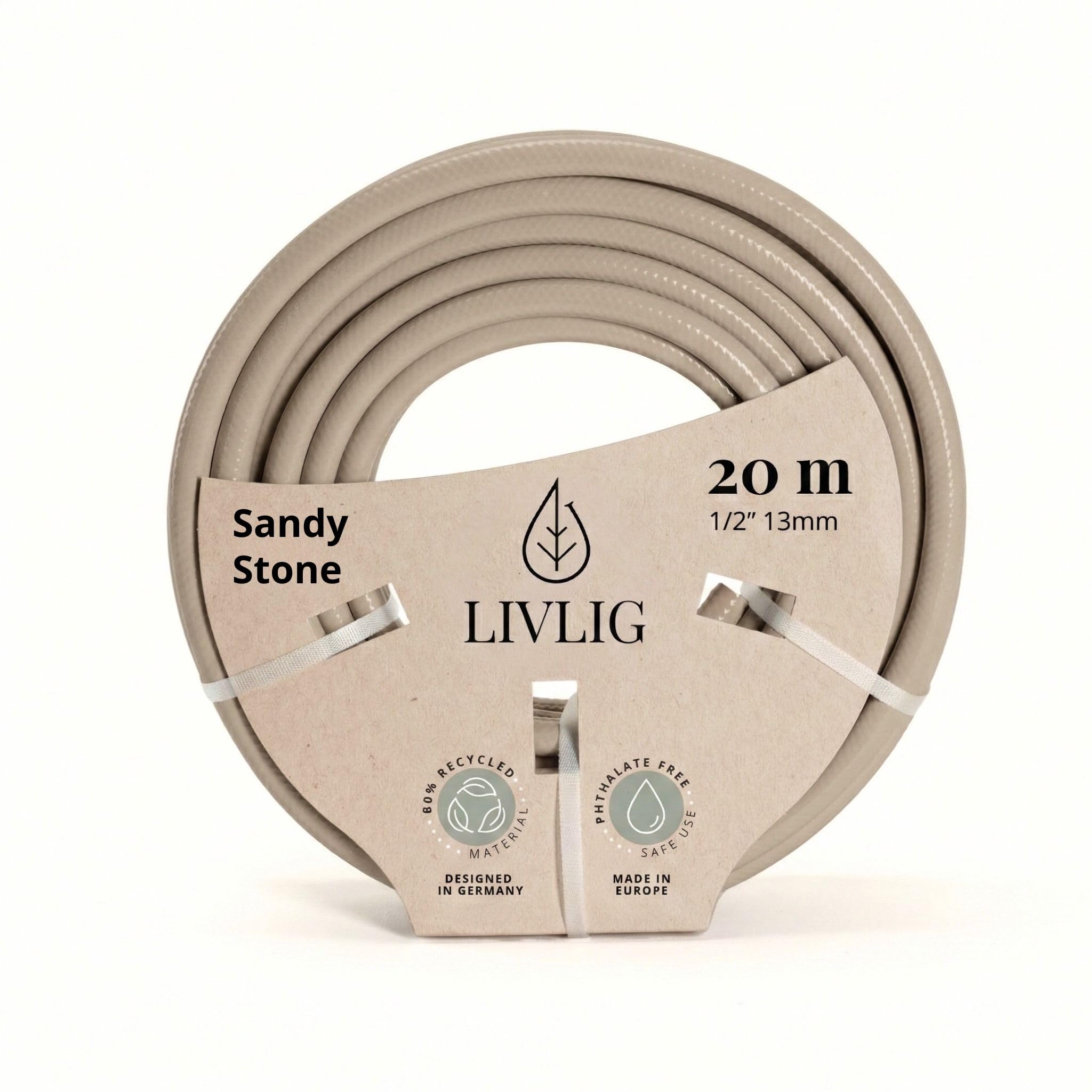 LIVLIG Manguera Jardin 20m – Manguera de Riego Flexible, 60% Reciclado, Resistente UV, Antitorcion, 1/2 Pulgada, Beige
