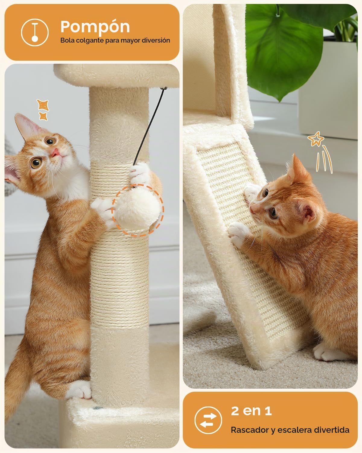 PETEPELA Rascador con doble condo para gatos de casa, casa todo en uno con barra acolchada, rampa y postes y bolas intercambiables, color beige