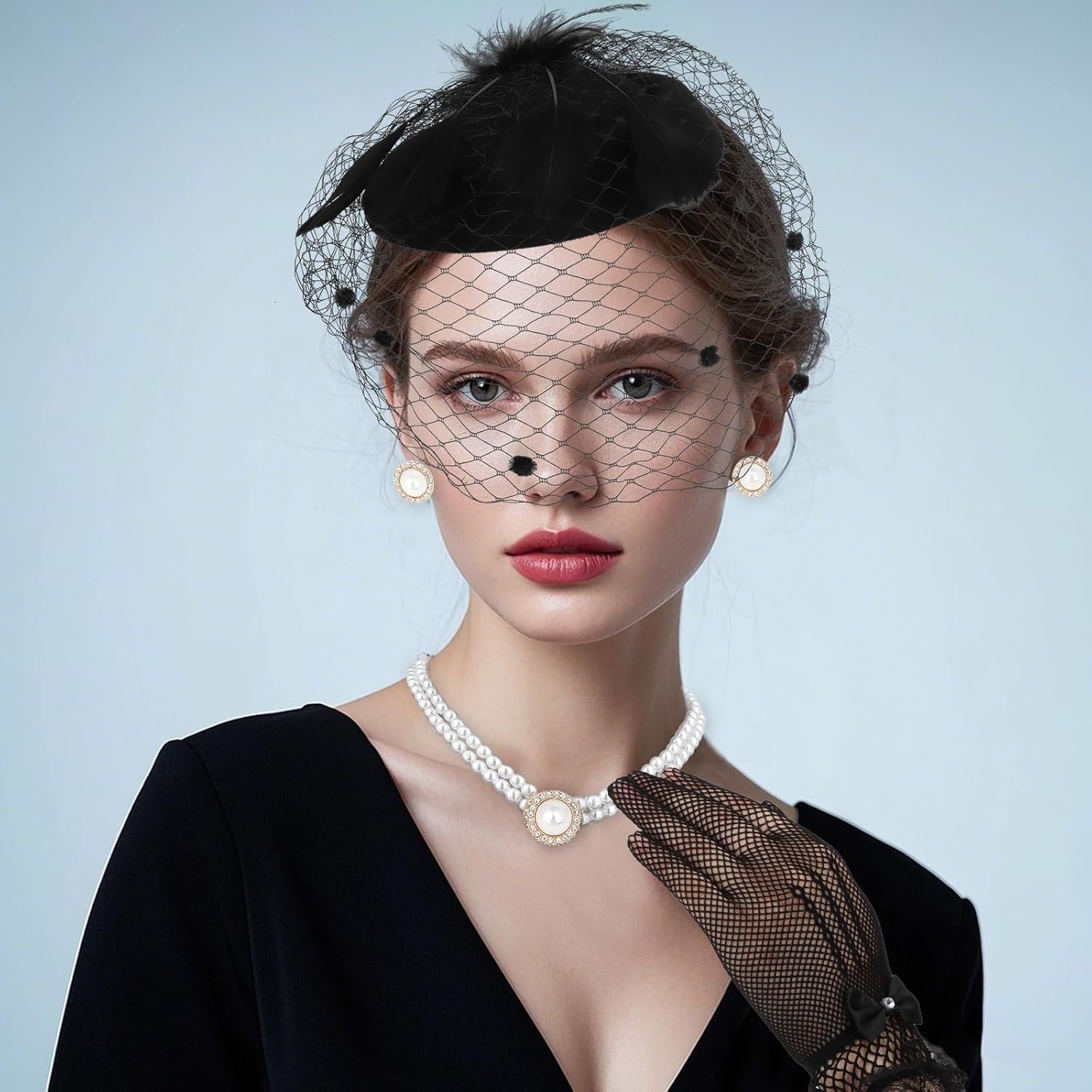 50s Fascinators Hats for Women 4PCS Derby Hat Vintage Tea Party Hats Headband Headwear with Lace Gloves Pearl Jewelry Set - Image 6