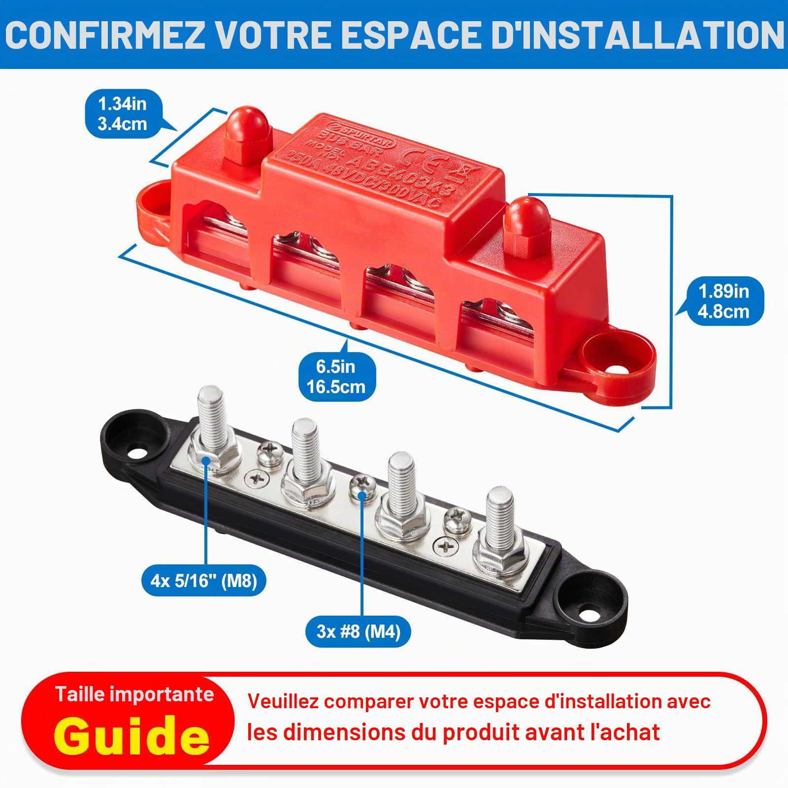 Spurtar Bloc de Distribution Bornier 12V 24V 48V DC 250A BusBar avec 4 x M8 Boulons et 3x M4 Vis pour Voiture, Camion, Bateau, 16,5 × 3,4 × 4,8 cm – Ne Convient Pas aux Espaces Étroits