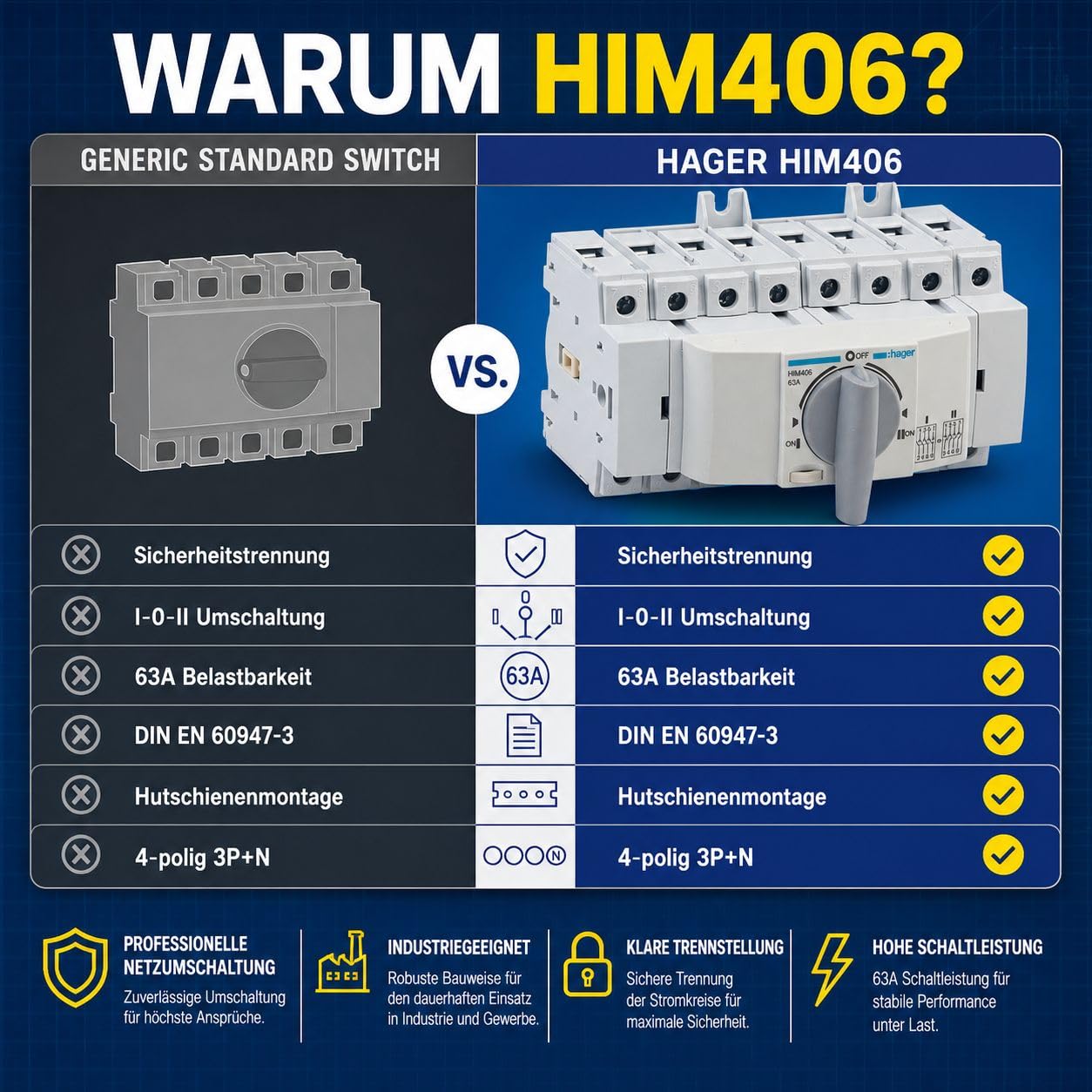 HAGER HIM406 Lastumschalter 63A 4-polig 3P+N für Hutschiene 35mm, Umschalter mit Sicherheitstrennung I-0-II, Lasttrennschalter 400V AC 41kW nach DIN EN 60947-3, 8TE Modulgerät