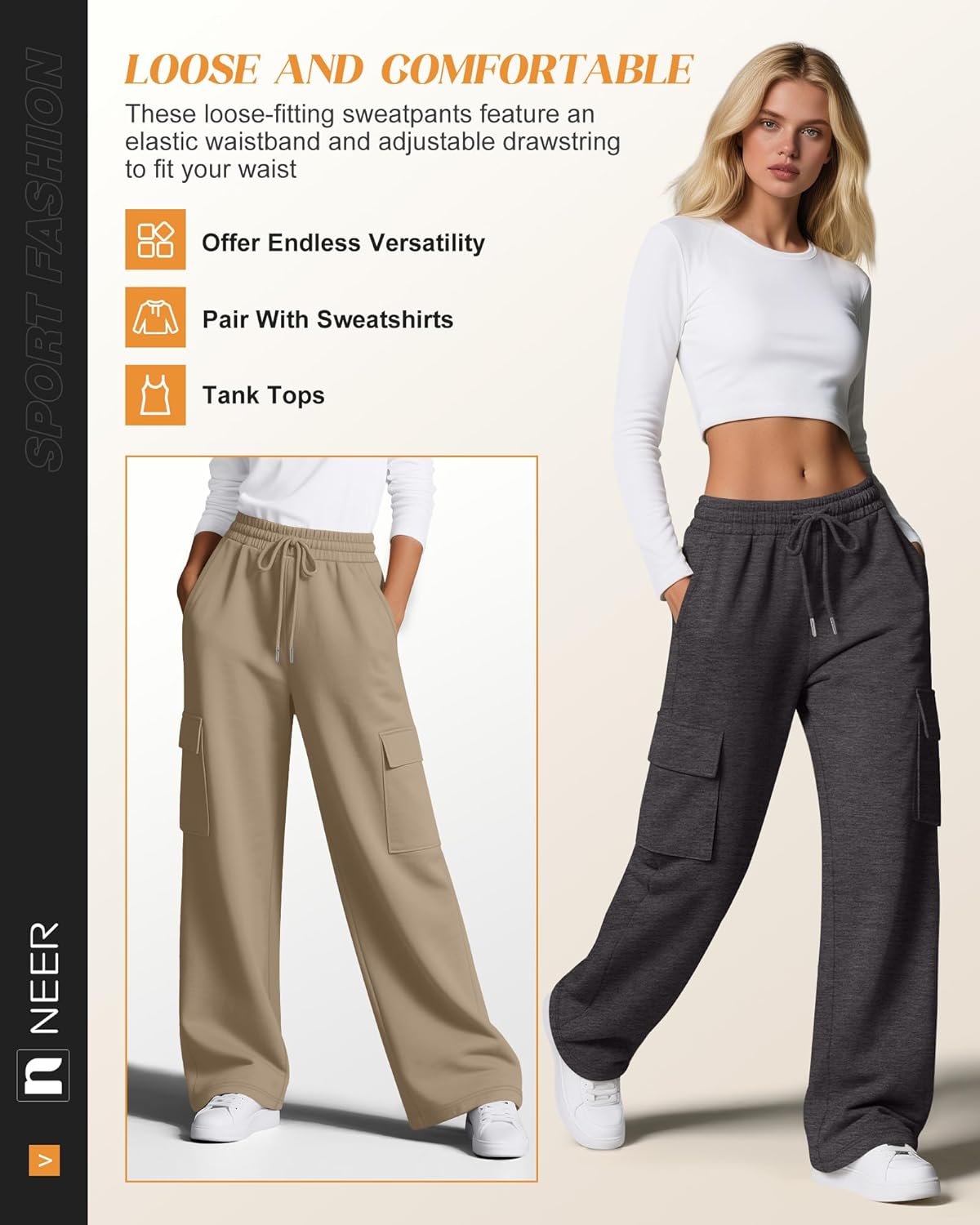 Neer 3 Pack Women's Cargo Sweatpants Wide Leg Baggy Loose Elastic Drawstring Pants Casual Athletic Joggers with 4 Pockets - Image 4