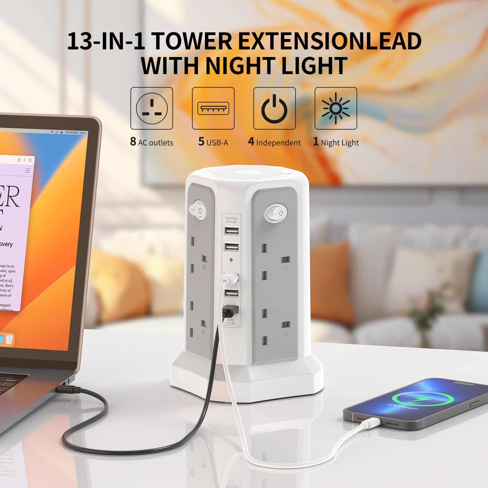 Tower Extension Lead 3M and Night Light, 5 USB Ports & 8 Way Plug Extension Tower - Image 4