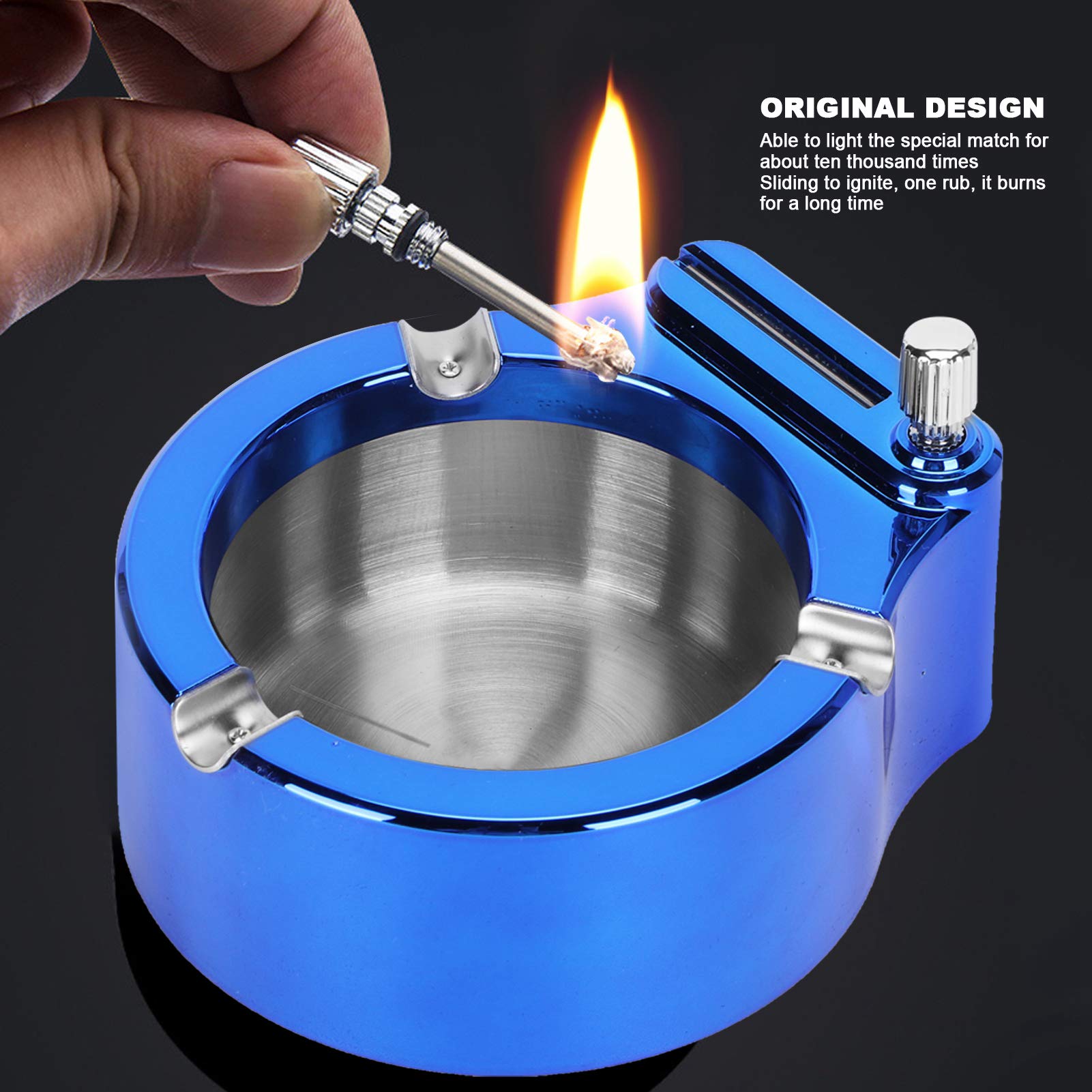 Ashtray with Match Lighter, Stainless Steel Tabletop Smoking Ashtray Cigarette Container Modern Ashtray for Smokers, Desktop Cigar Tray for Indoor Outdoor (Blue)
