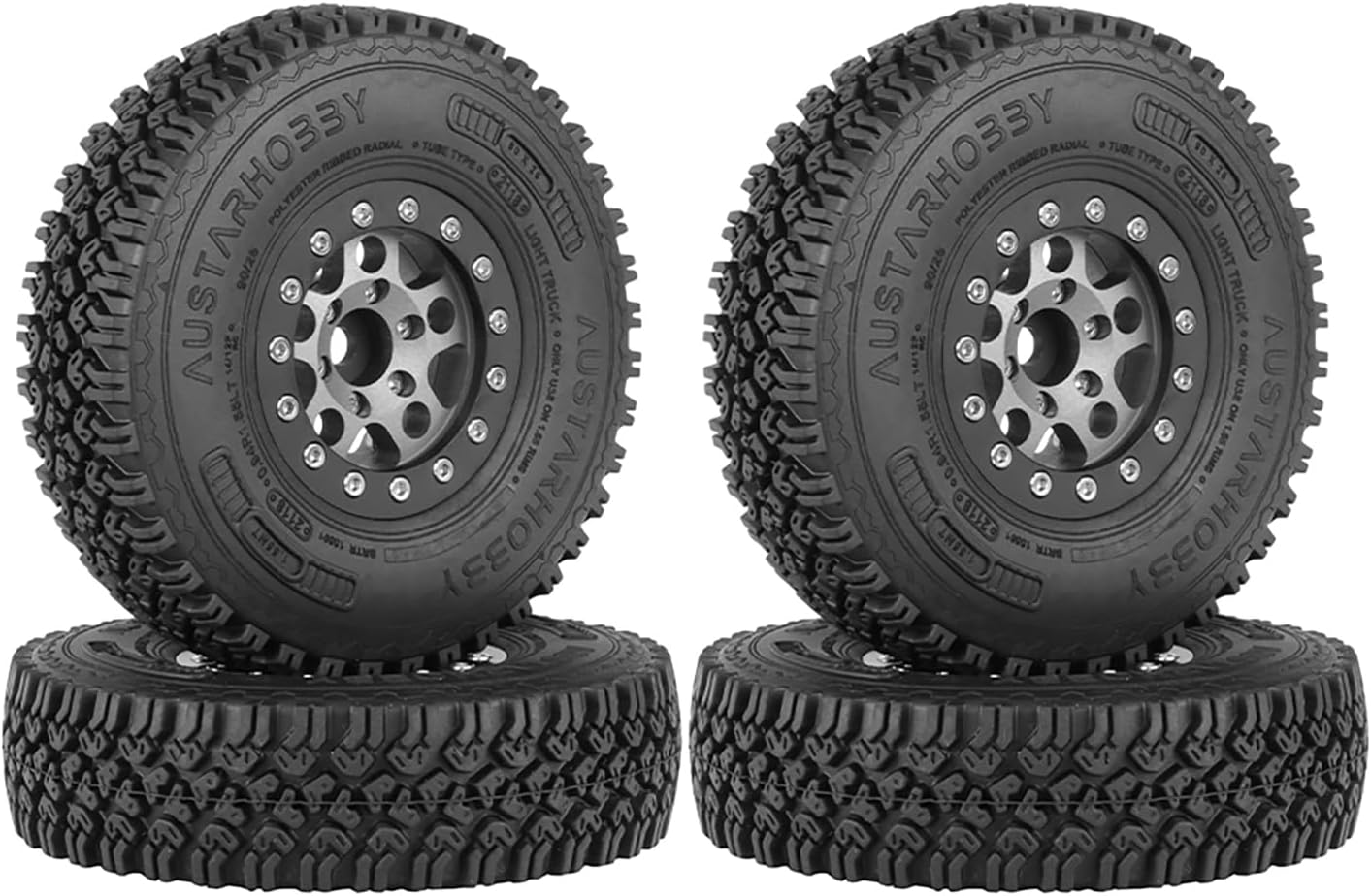 4PCS 1.55 Inch Aluminum Alloy Metal 5Spoke Beadlock Wheel Rim and 90mm Rubber Tires for 1/10 RC Rock Crawler Car for Axial AX90069 D90 TF2 CC01 Tamiya Upgrade Parts (Grey Black)