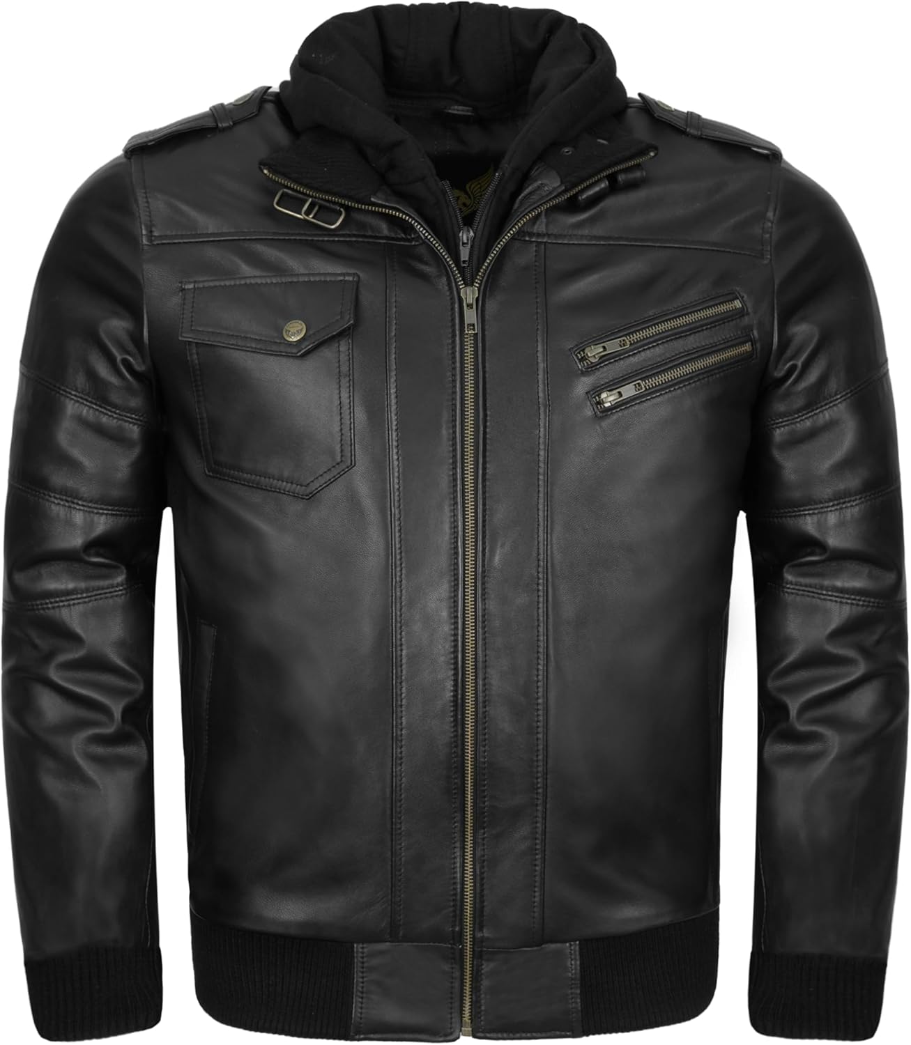 Leatherick Premium Lambskin Mens Leather Jacket – Removable Fleece Hood with 7 Pockets and Front Zipper Closure