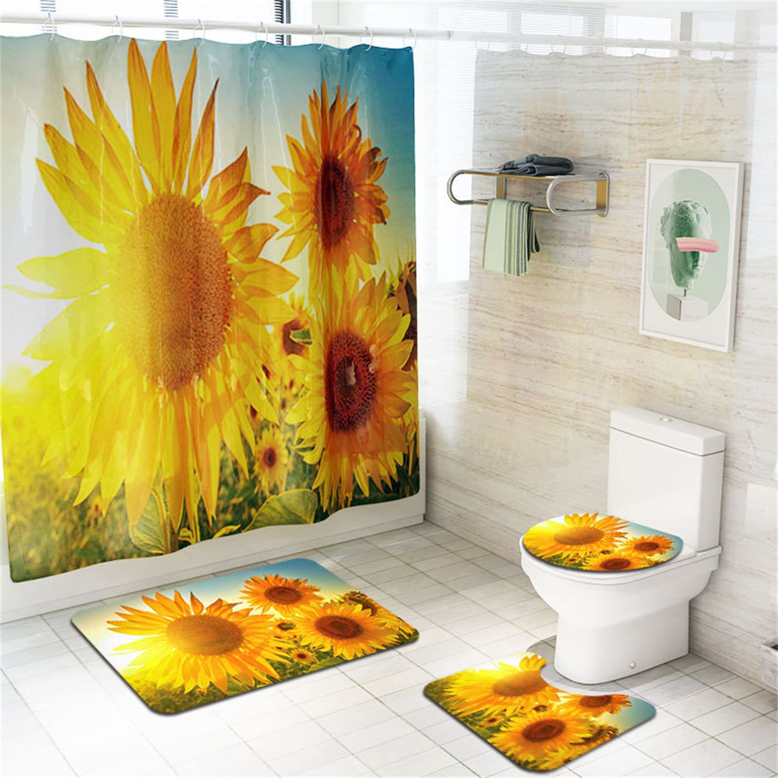 Set Bagno Girasole Cristiano - Tenda Doccia, Tappeti E Copriwater Con Versetti Biblici, Giallo, 4 Pezzi - 3