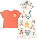 Disney Tigger Winnie the Pooh Baby French Terry Short Overalls T-Shirt and Hat 3 Piece Outfit Set Newborn to Infant