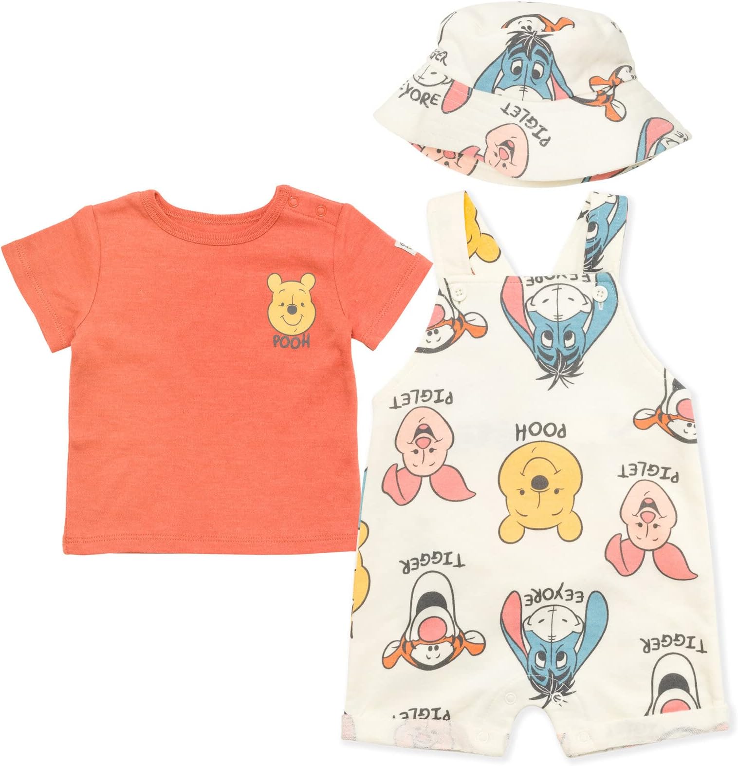 Winnie the Pooh Baby Short Overalls, T-Shirt & Hat 3 Piece Outfit Set Newborn to Infant Sizes (0-24 Months)