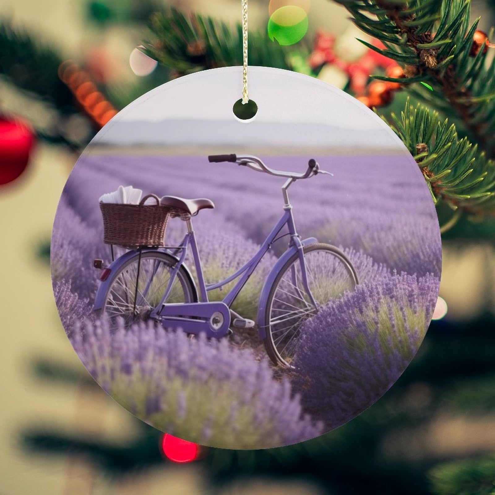 Lavender Field Bike Christmas Ornament for Christmas Tree Ceramic Round Ornament Winter Holiday Keepsake Gift 2.7" Christmas Tree Hanging Decorations Circle Ceramic Pendant Xmas Gift