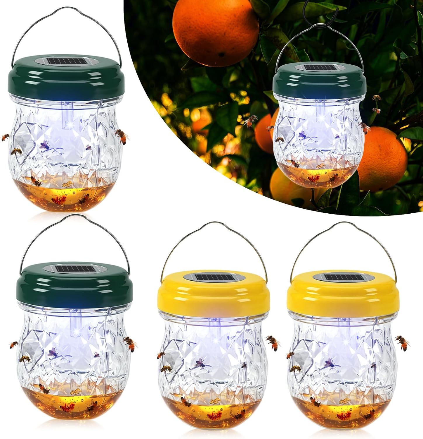 Solar wasp Traps Outdoor Hanging, 4 Packs Wasp Trap Catcher, Yellow Jacket Traps, Reusable Solar Powered Carpenter Bee Hanging for Outdoor, Hornet Trap Wasps Killer with LED Light (4)