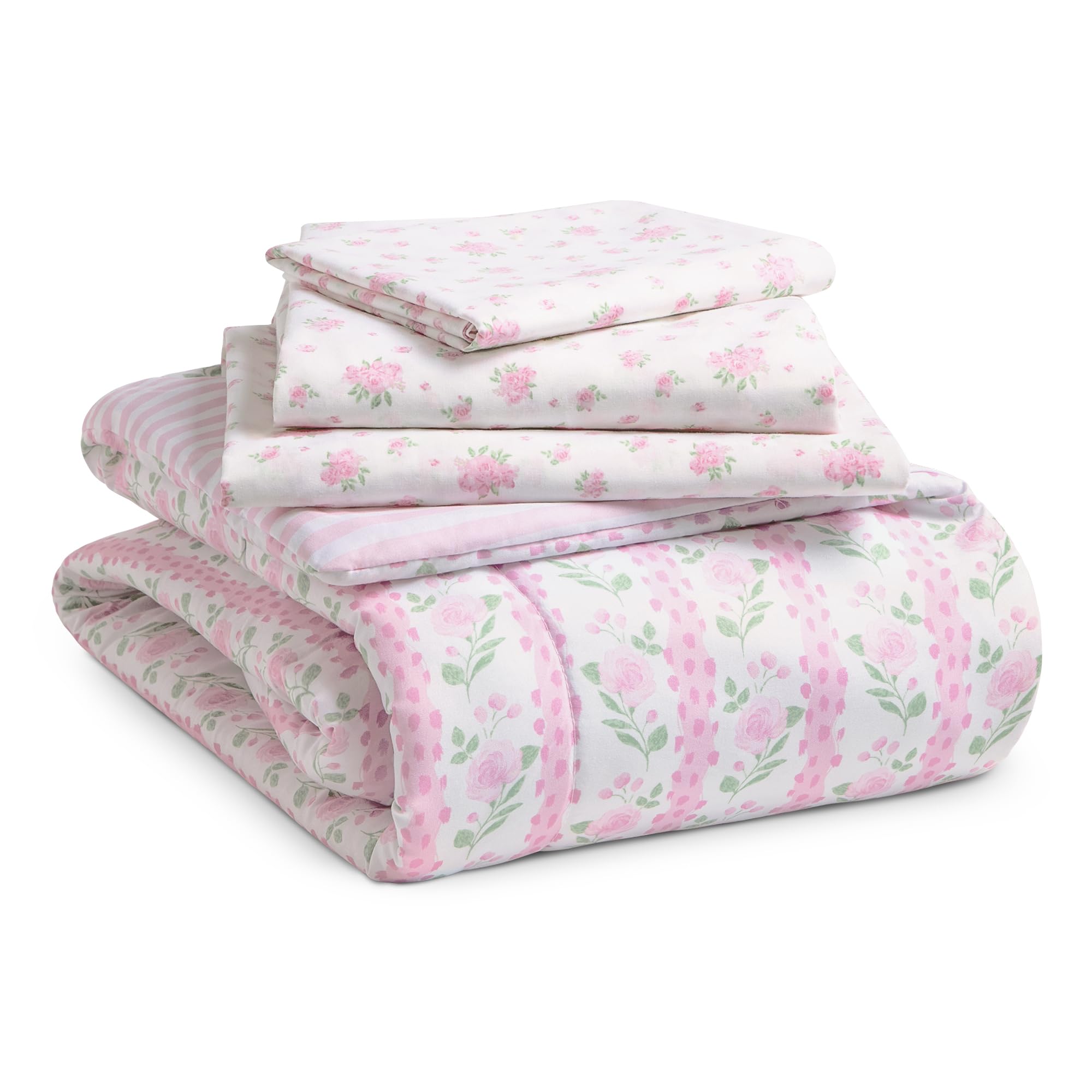 Delta Children 4 Piece Toddler Bedding Set for Girls - Reversible 2-in-1 Comforter - Includes Fitted Comforter to Keep Little Ones Snug, Bottom Sheet, Top Sheet, Pillow Case - Pink Floral