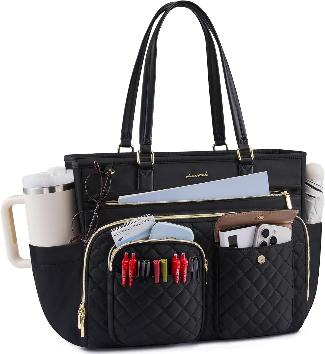 LOVEVOOK Tote Bag, Work Bags for Women with Large Cup Holder, Large Capacity Teacher Tote with Multi Pockets, Water Resistant Nurse Diaper Tote with Padded Laptop Compartment, 15.6 Inch Black