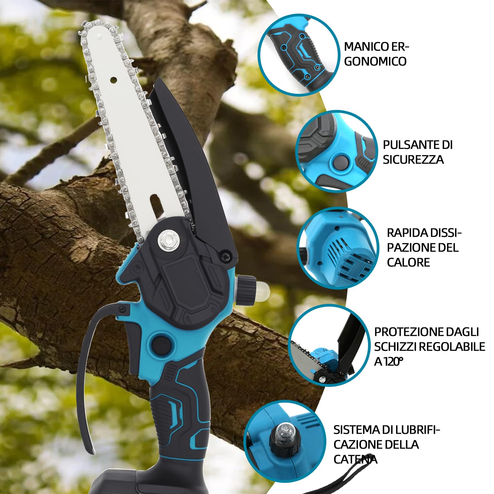 Mini Motosega a Batteria 6", Compatibile con Batteria Makita 18V | Motore brushless, lubrificazione auto, blocco di sicurezza, per legno e rami